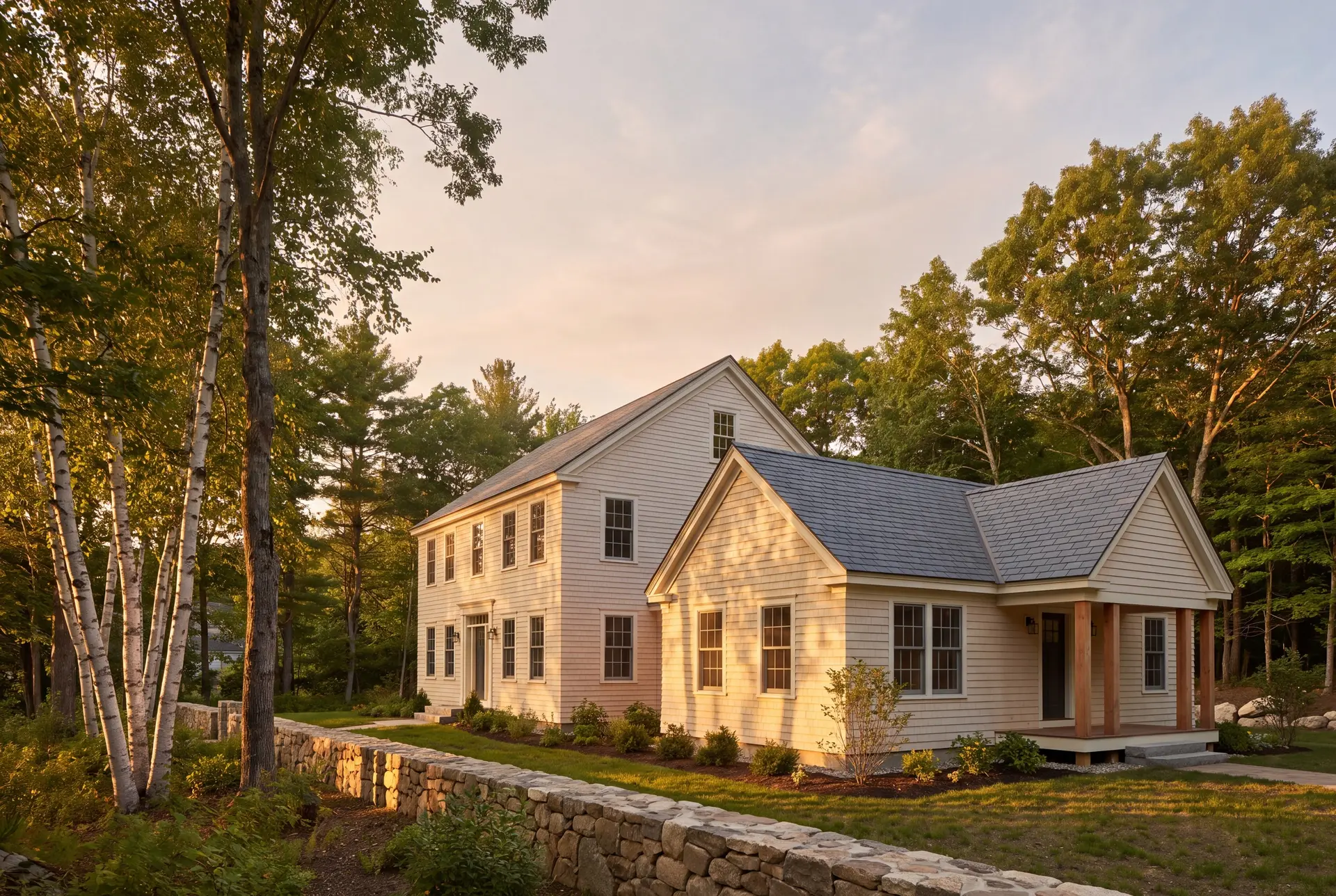 Illustration: An exterior three-quarter view of a two-story house with a single-story addition, both in warm ivory siding, surrounded by trees and a stone wall under a golden sky