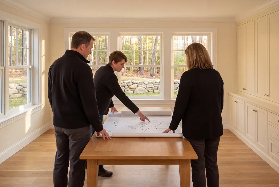 Illustration: Three people in a finished living room looking at architectural drawings on a table