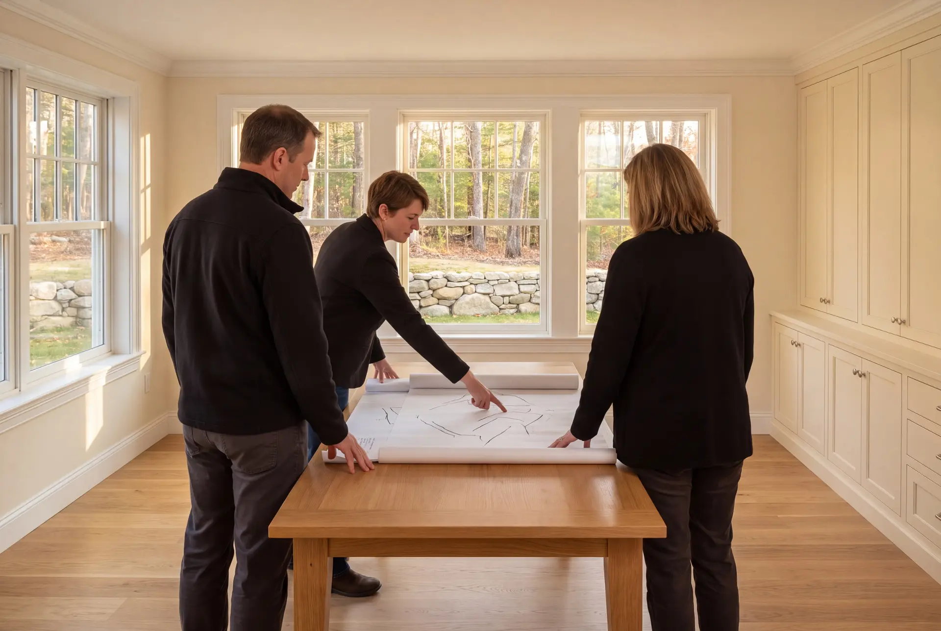 Illustration: Three people in a finished living room looking at architectural drawings on a table