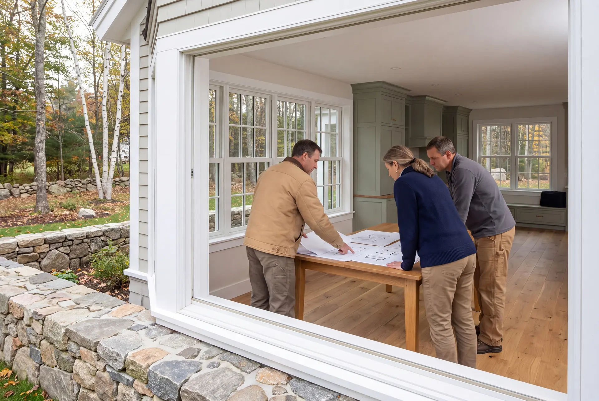 Illustration: Three people, a builder and two homeowners, reviewing architectural drawings on a table in a finished living room with sage green cabinets and oak floors