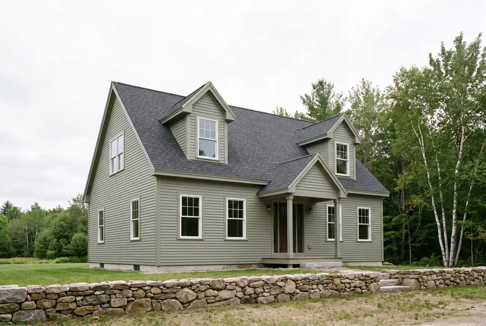 general contractor in Standish, ME: illustrative scene, A newly built Cape house with green siding and a dark roof, viewed from a three-quarter angle, with a stone wall in the foreground