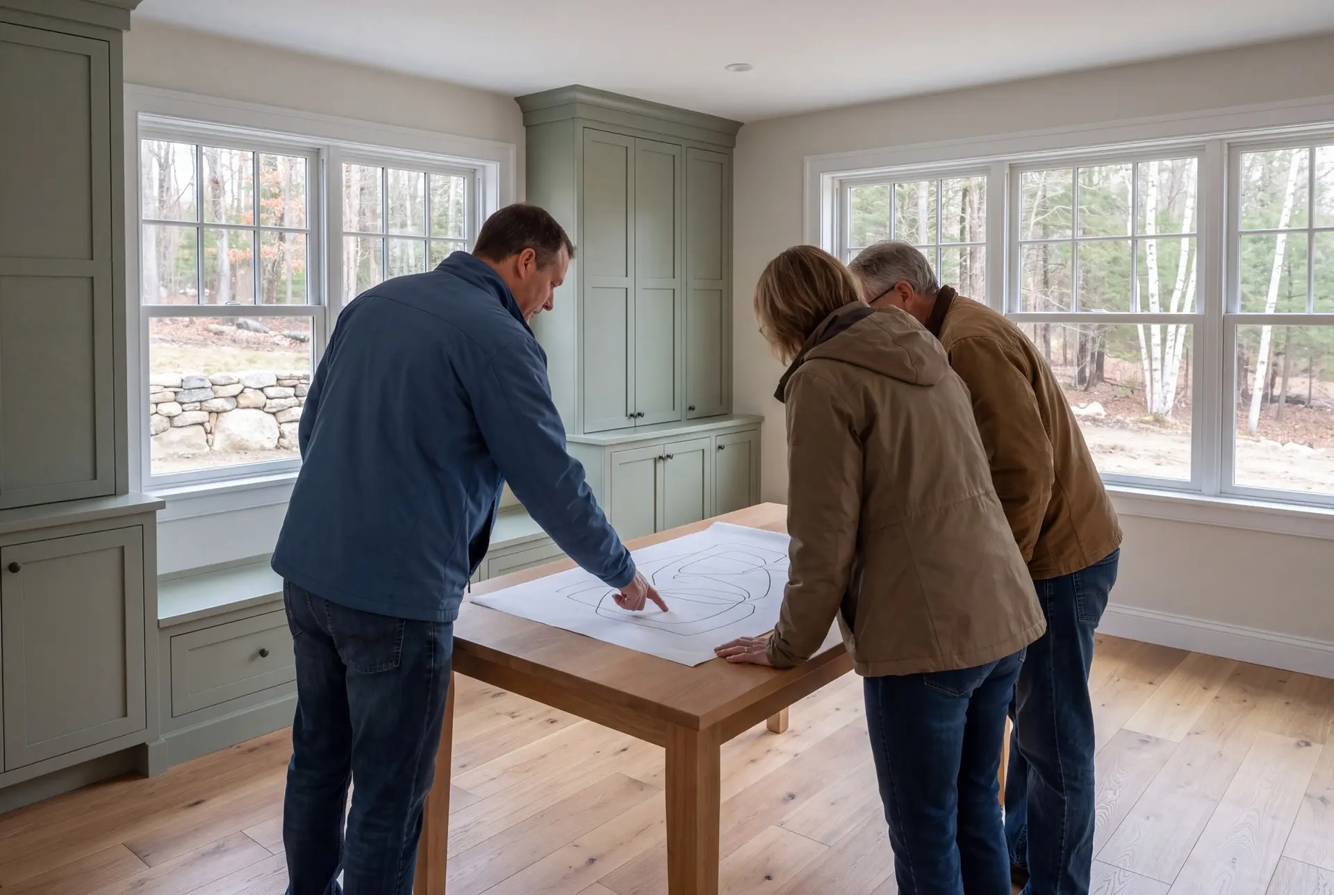 Illustration: Three people, a builder and two homeowners, review abstract floor plans on an oak table in a finished living room with sage green cabinets and oak floors