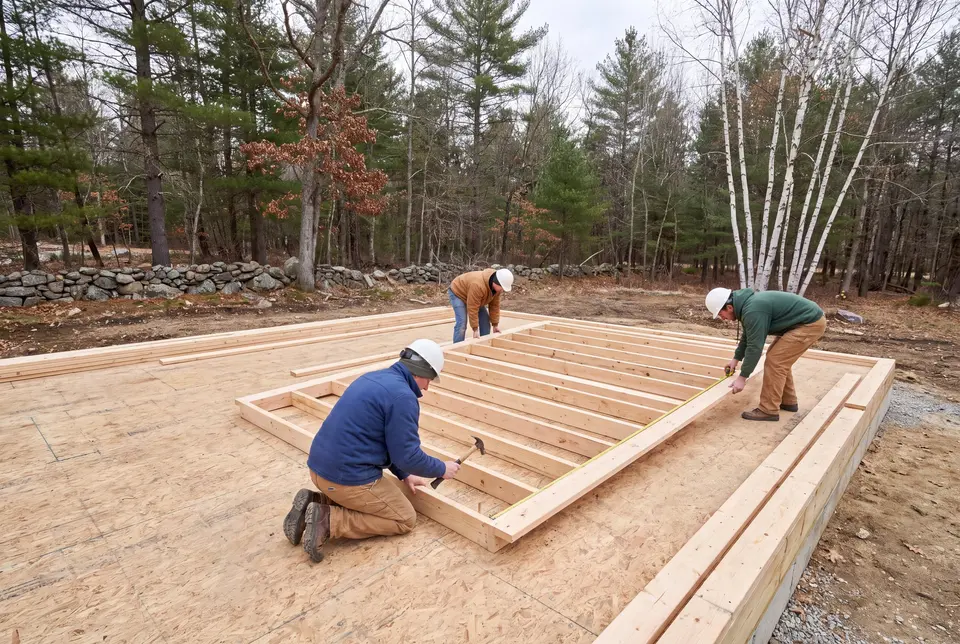 Illustration: Three carpenters in hard hats and work clothes assemble a wooden wall frame on a subfloor, surrounded by trees and a stone wall