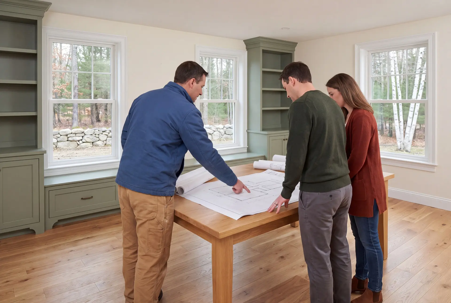 Illustration: Three people, a builder and two homeowners, review architectural drawings on an oak table in a finished living room with sage green cabinets and oak floors