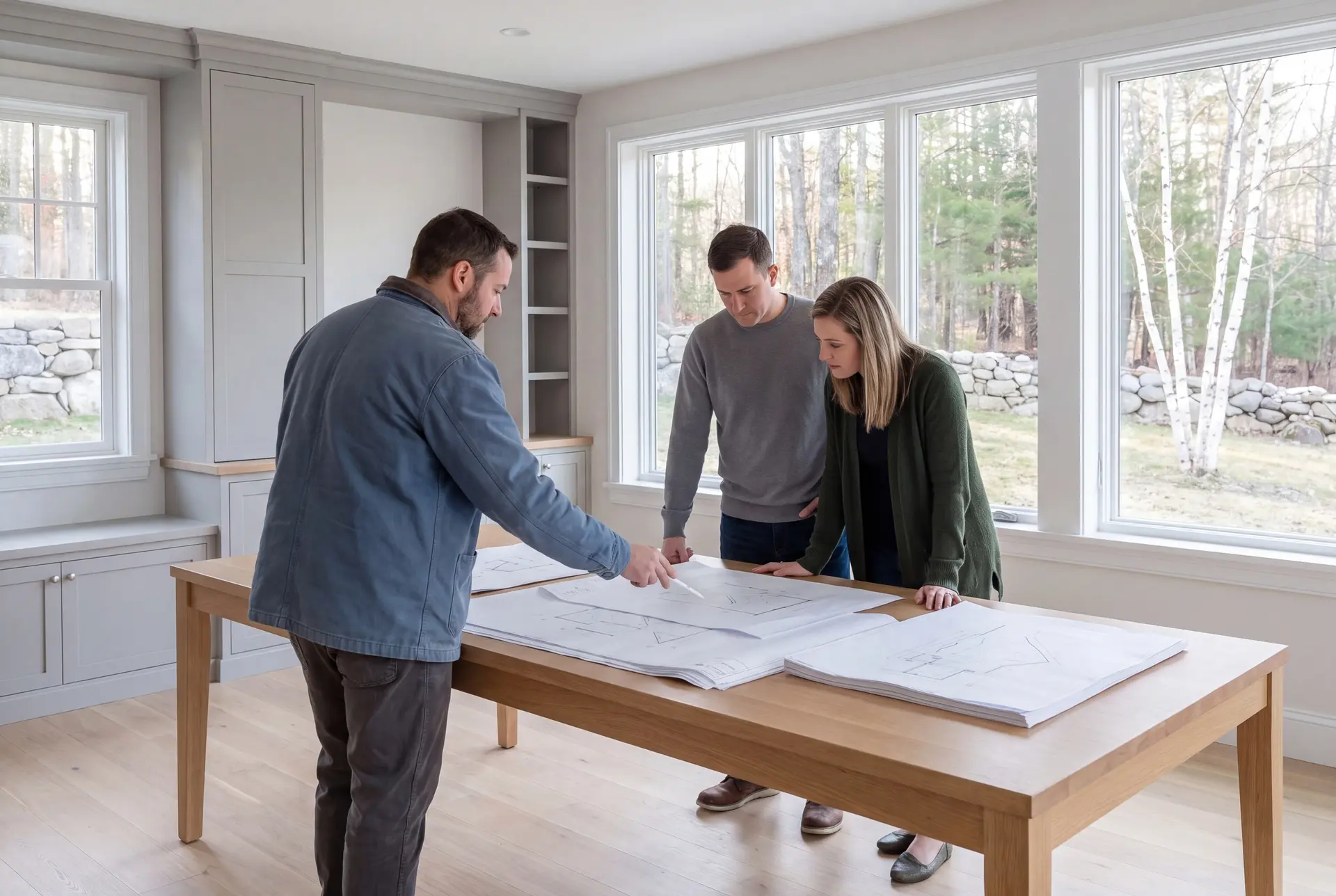 Illustration: Three people, a builder and two homeowners, reviewing floor plans on a table in a finished living room with large windows