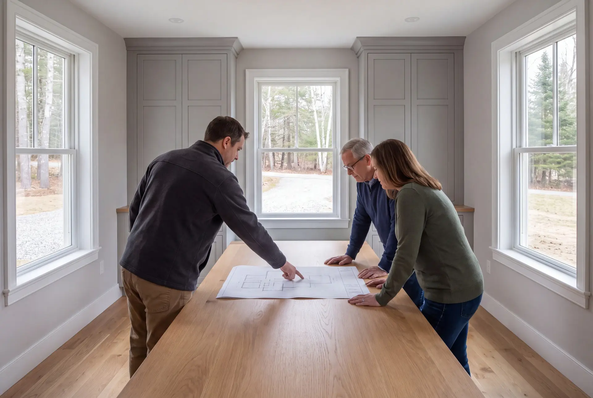 Illustration: Three people, a builder and two homeowners, reviewing a floor plan on an oak table in a finished living room with gray cabinets and white windows