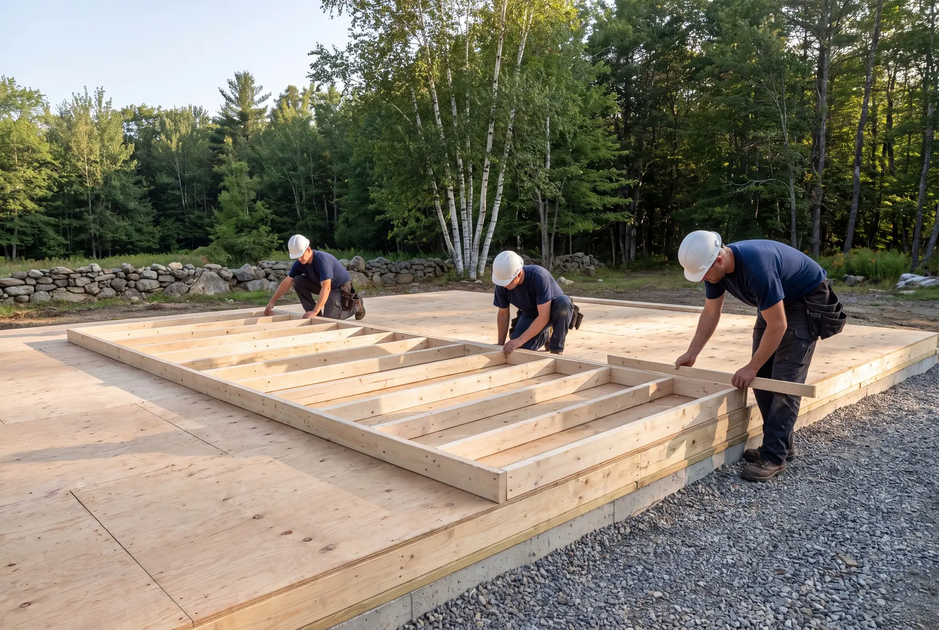 Illustration: Three carpenters in hard hats and work clothes assemble a wooden wall frame on a plywood floor platform outdoors, with trees and a stone wall in the background