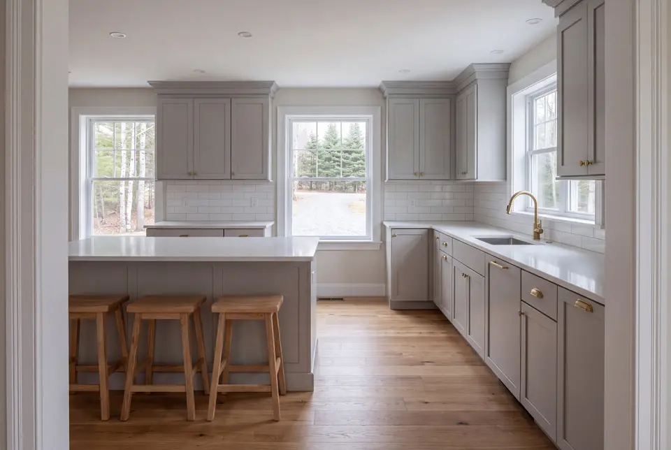 Illustration: A bright, modern kitchen with gray cabinets, white counters, and wood floors, viewed from a doorway