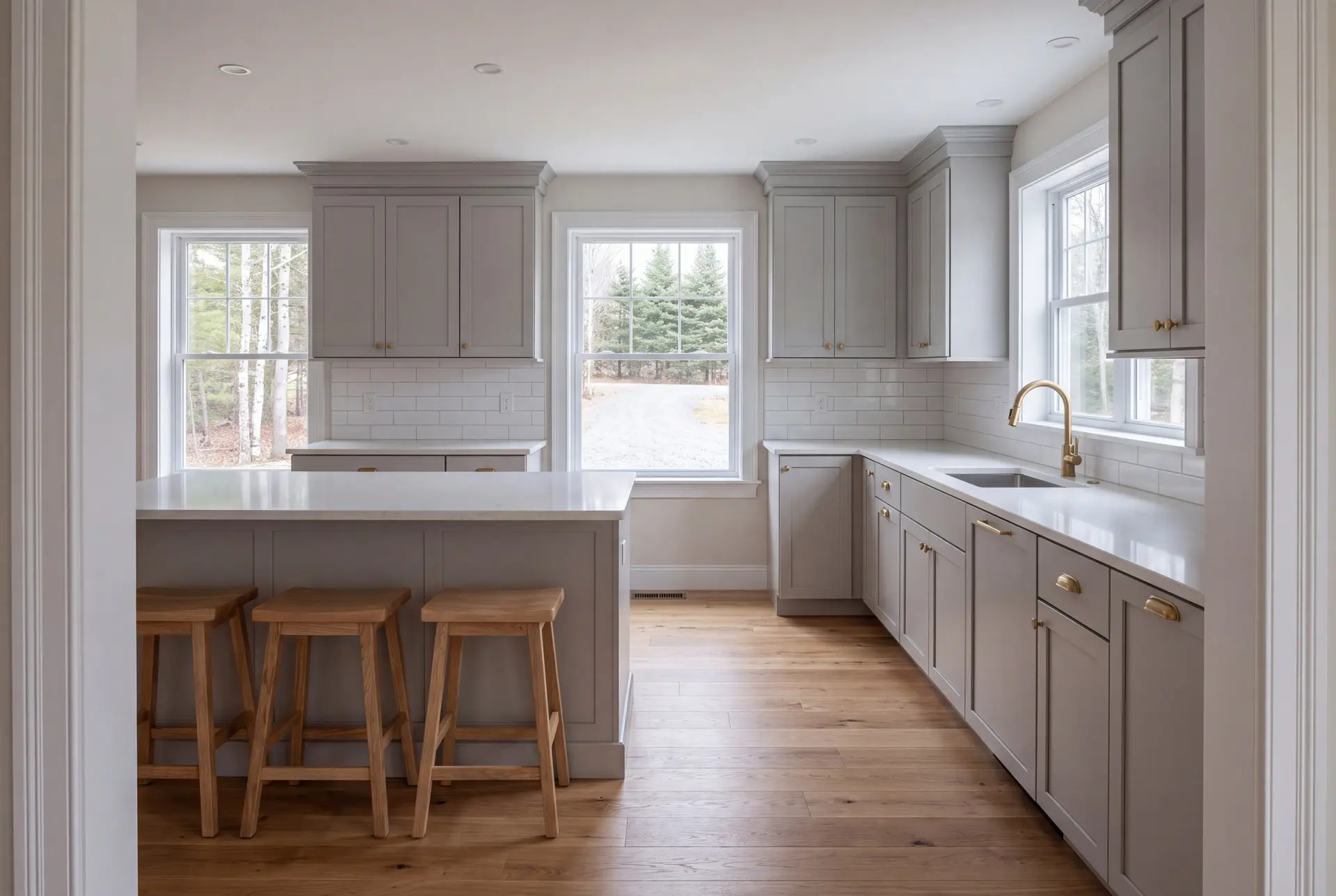Illustration: A bright, modern kitchen with gray cabinets, white counters, and wood floors, viewed from a doorway