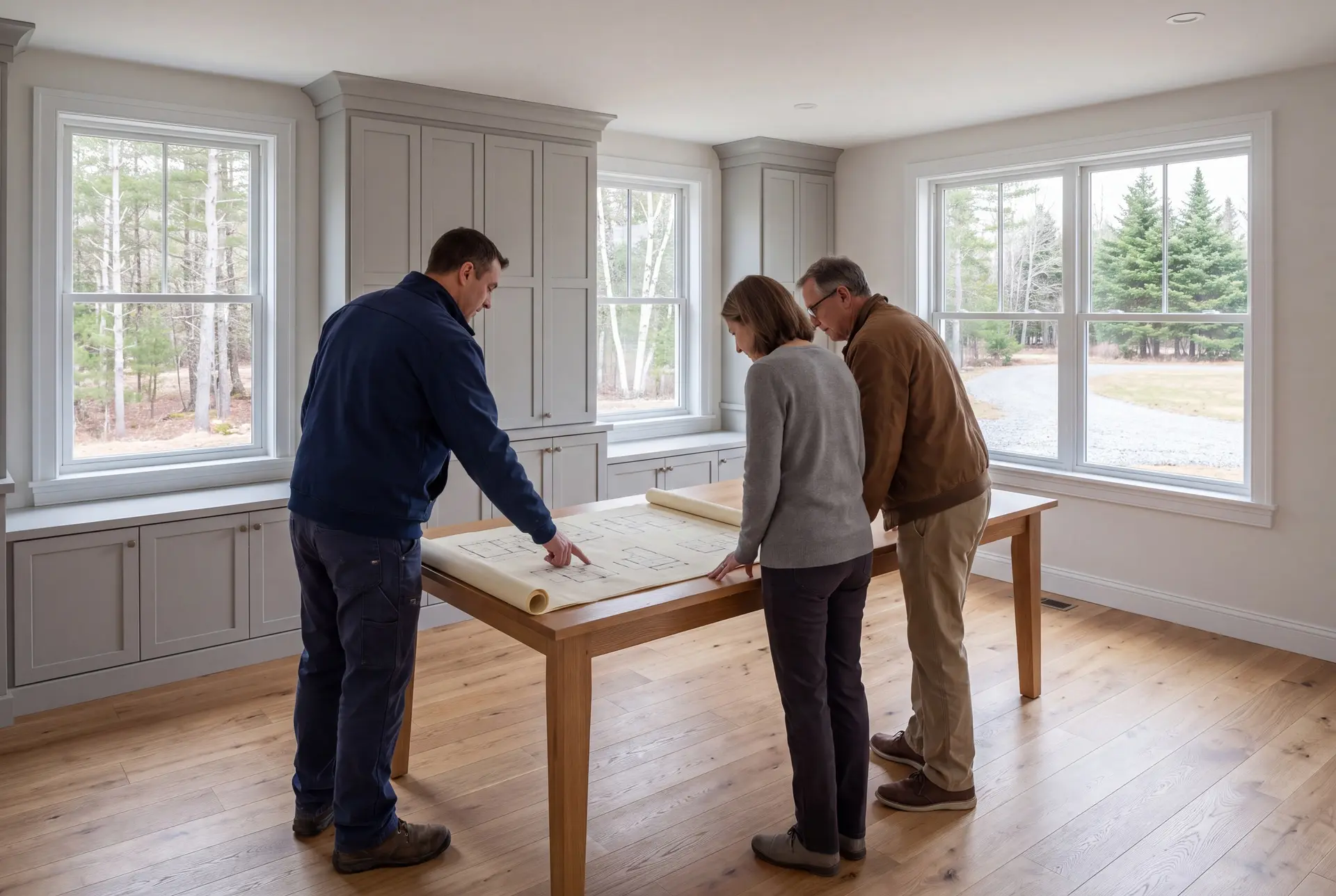 Illustration: Three people, a builder and two homeowners, reviewing architectural drawings on a table in a finished living room with oak floors and gray cabinetry