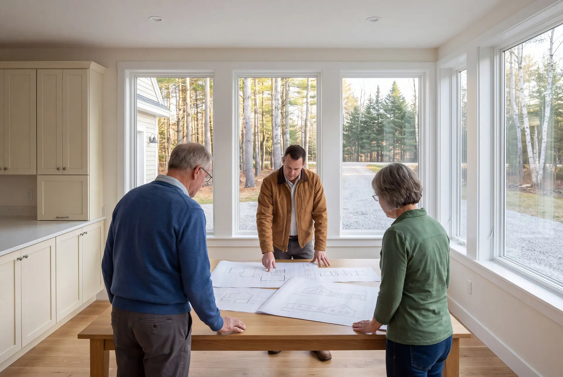 Illustration: Three people, a builder and two homeowners, reviewing architectural drawings on a table in a finished living room with large windows overlooking a forest