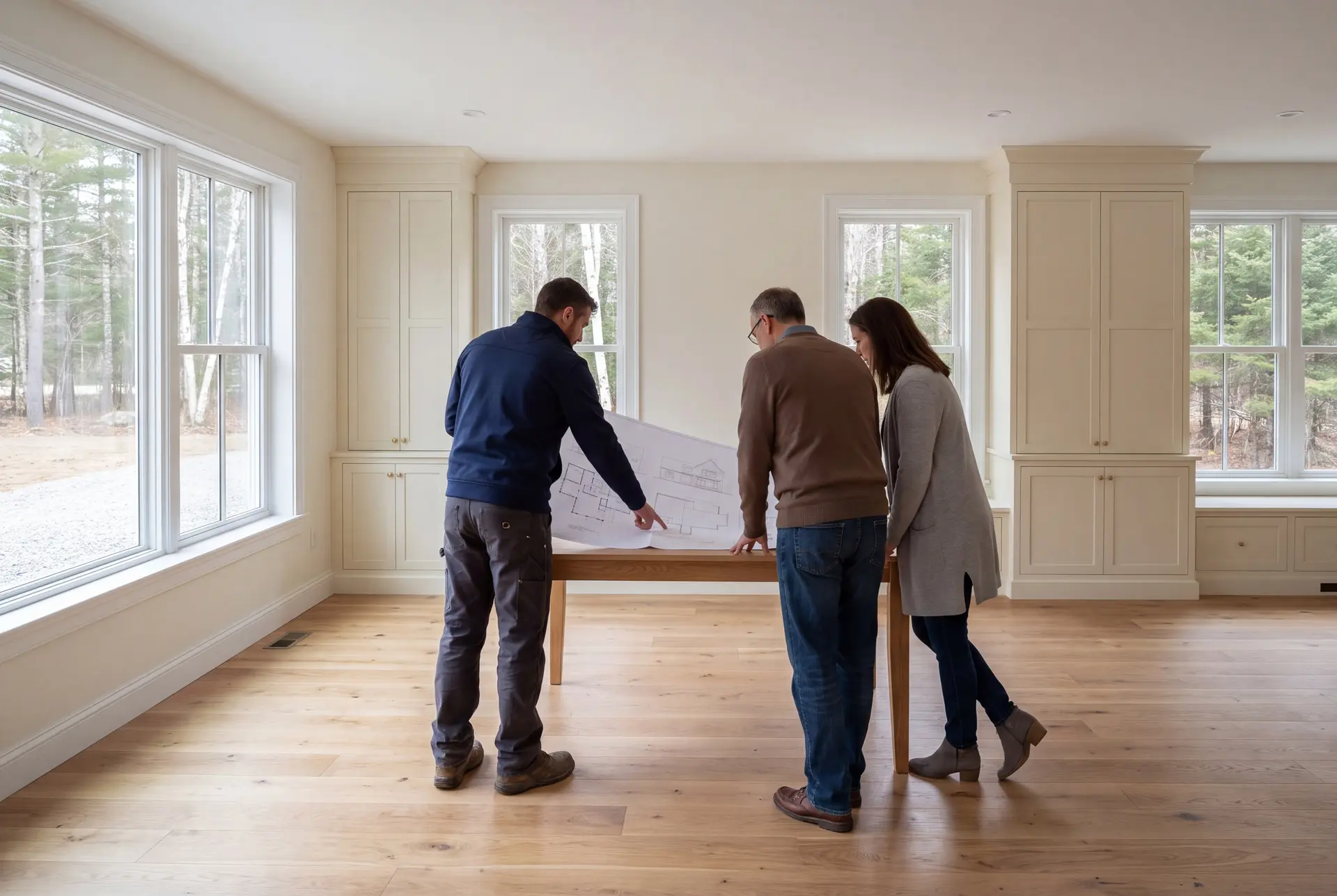 Illustration: Three people, a builder and two homeowners, review architectural drawings on a table in a newly finished living room with oak floors and cream cabinetry