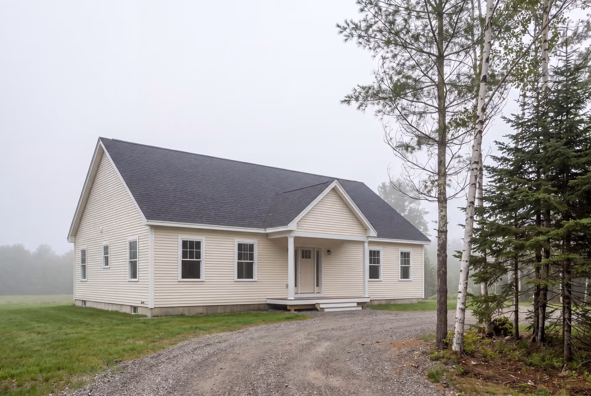 general contractor in Windham, ME: illustrative scene, A newly built, light cream colored ranch house with a dark gray roof, surrounded by green grass and a gravel driveway, with trees on the right and a misty background