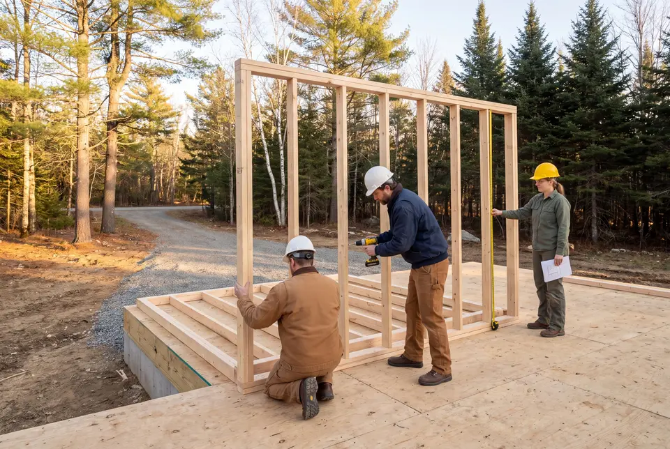 Illustration: Three carpenters in hard hats and work clothes are assembling a wooden wall frame on a subfloor outdoors, surrounded by trees