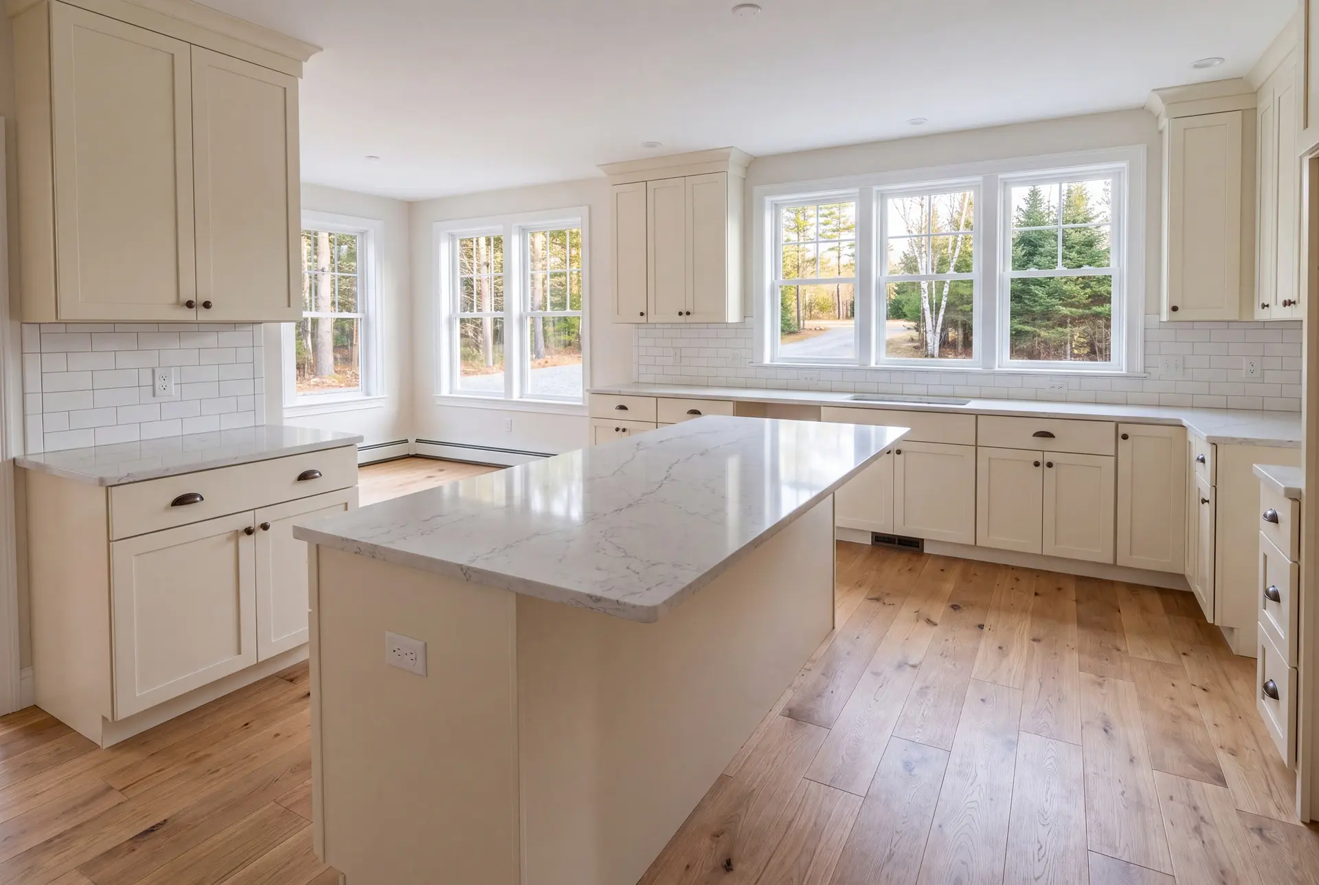 Illustration: A bright, empty kitchen featuring cream-colored shaker cabinets, a large white quartz island, and light wood floors, with multiple windows overlooking a forest