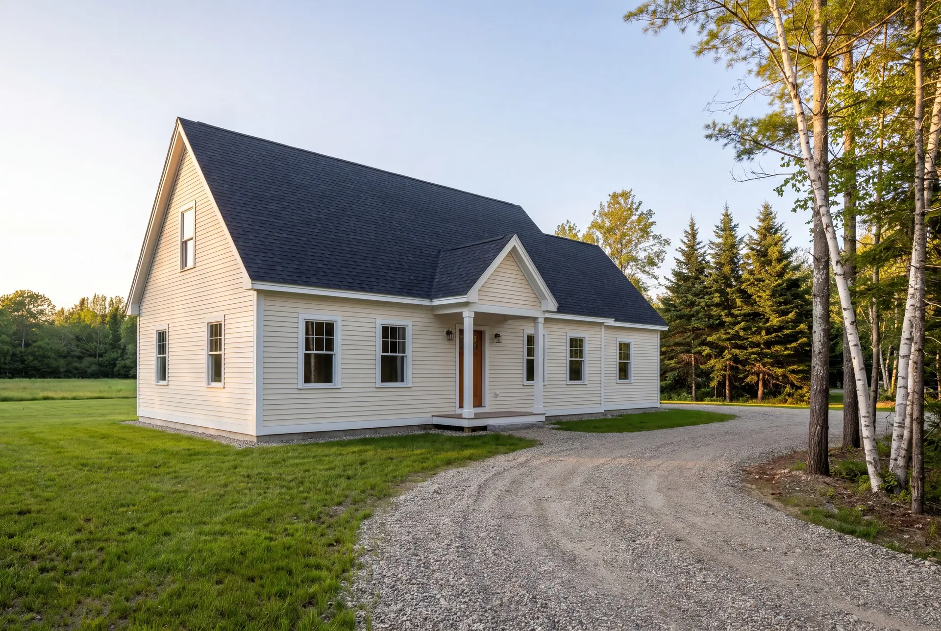 Illustration: A newly built cream-colored cottage with a dark roof and white-trimmed windows, viewed from a three-quarter angle, with a gravel driveway and trees