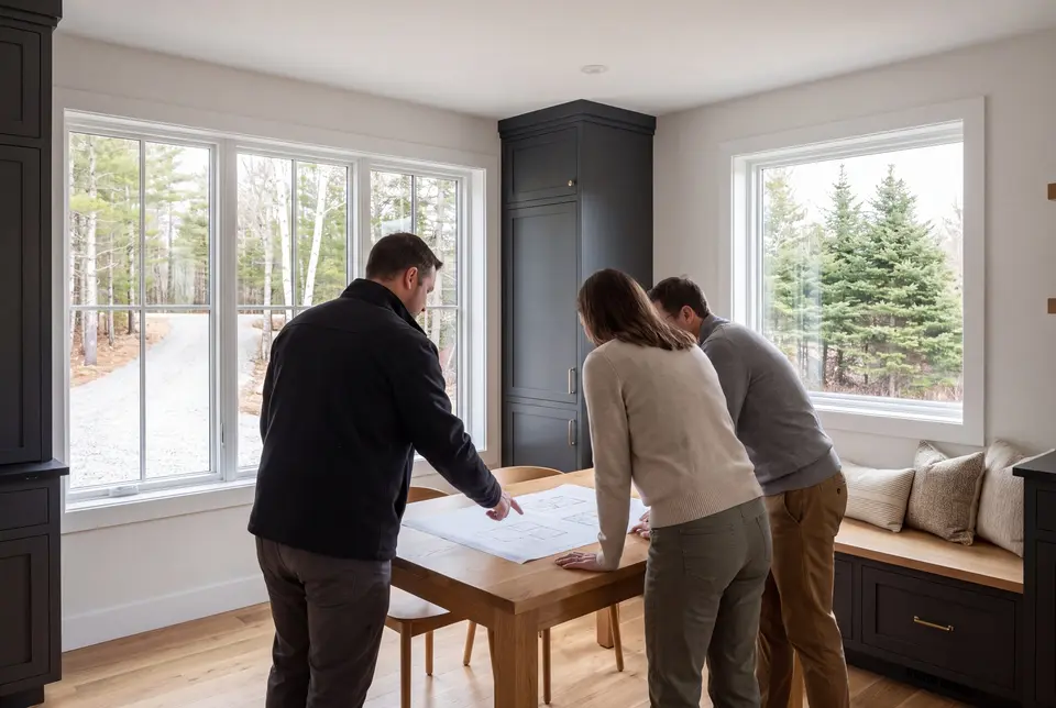 Illustration: Three people, a builder and two homeowners, reviewing architectural drawings on an oak table in a modern living room with dark cabinetry and large windows