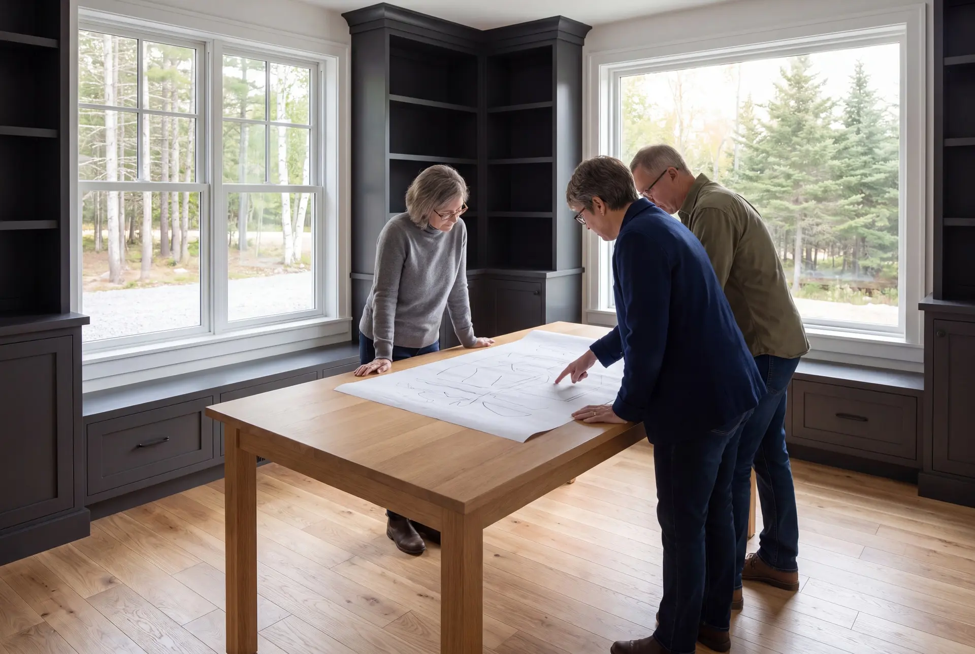Illustration: Three adults reviewing architectural drawings on a table in a modern living room with large windows and dark built-in shelving