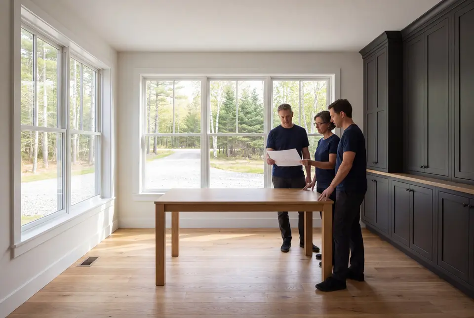 Illustration: Three people in navy shirts and dark pants stand around a light wood table in a room with large windows and dark cabinets, looking at a blueprint