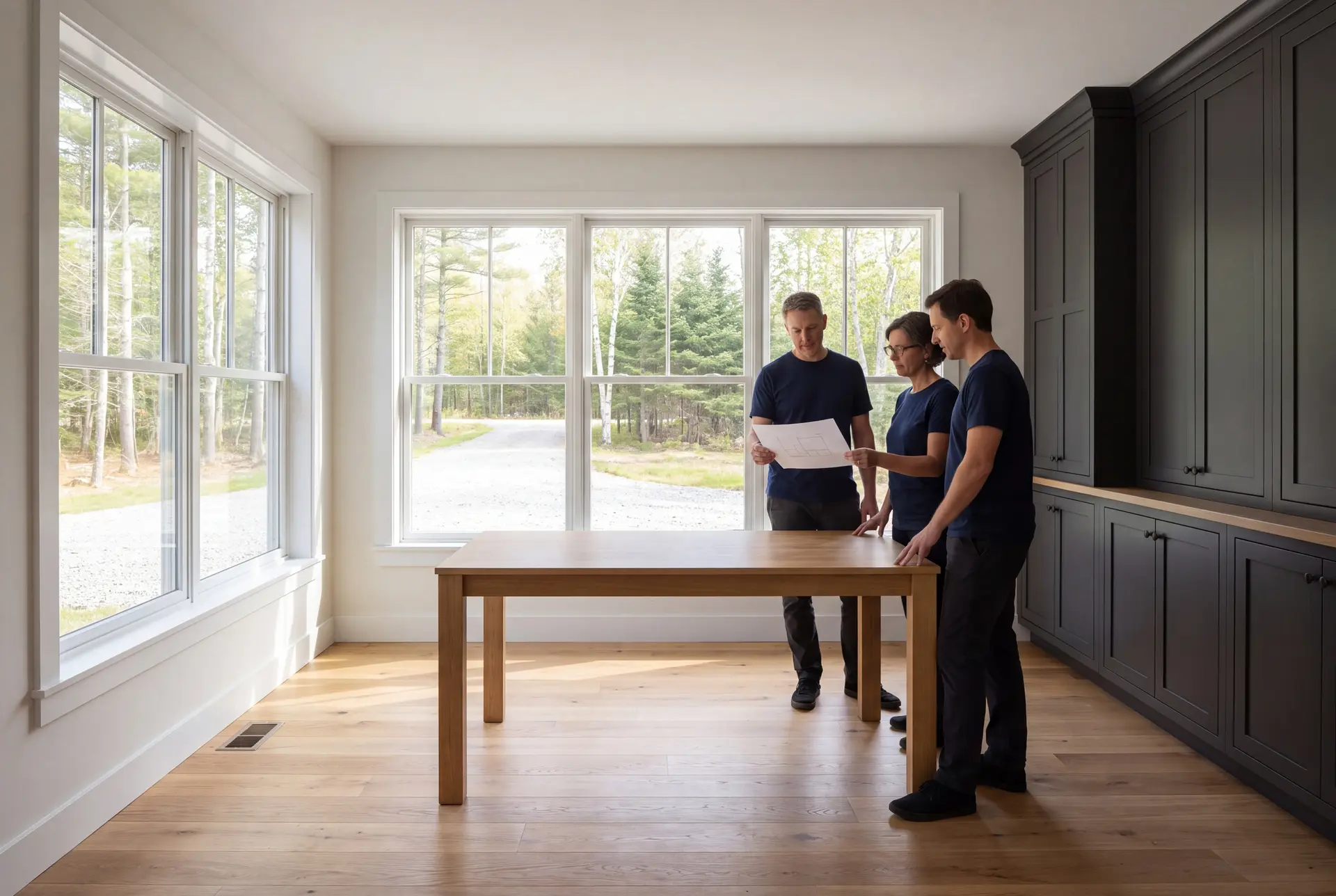 Illustration: Three people in navy shirts and dark pants stand around a light wood table in a room with large windows and dark cabinets, looking at a blueprint