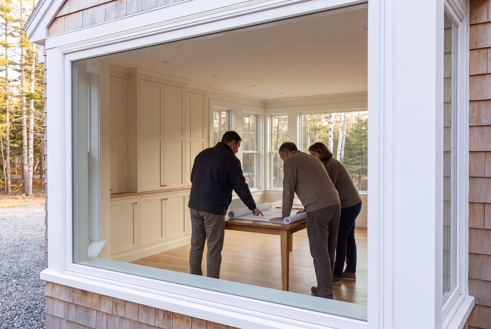 house plans and design in Buxton, ME: illustrative scene, Three people, a builder and two homeowners, review architectural drawings on a table in a finished living room with cream cabinetry and oak floors, seen through a large window