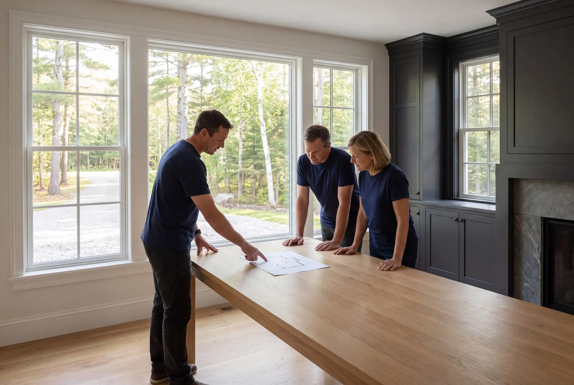 Illustration: Three adults in navy shirts and dark trousers stand around a large oak table, looking at a blueprint. The room has oak floors, white windows, and dark built-in cabinets