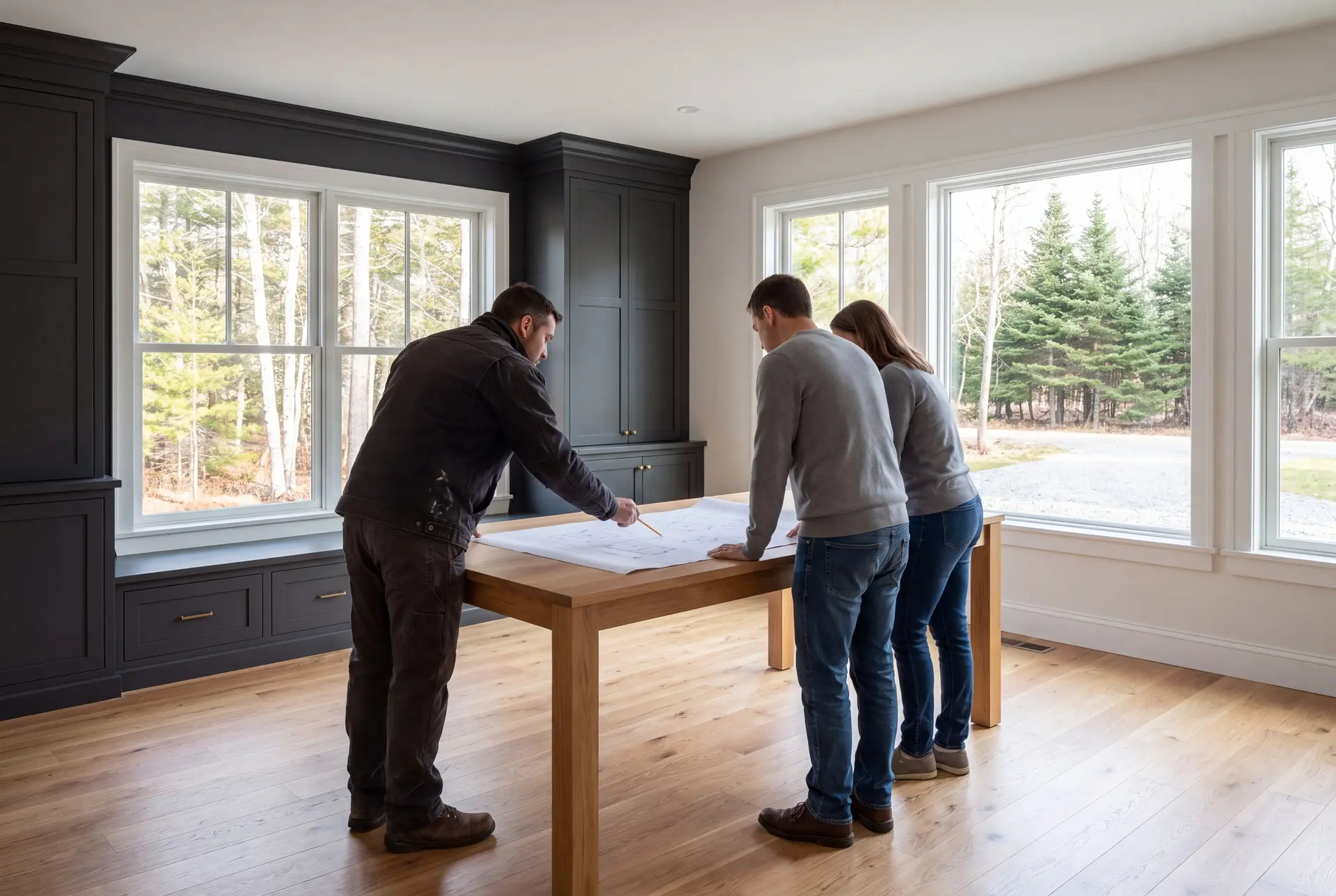 Illustration: Three people, a builder and two homeowners, reviewing blueprints on an oak table in a finished living room with dark cabinetry and oak floors