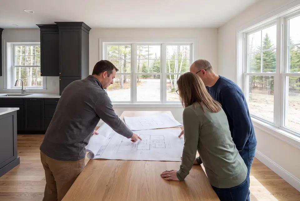 Illustration: Three people, a builder and two homeowners, reviewing architectural drawings on a table in a finished living room with dark cabinetry, white windows, and oak floors