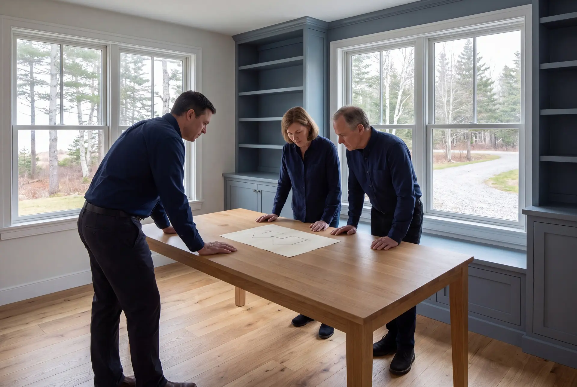 Illustration: Three people in navy shirts and dark trousers stand around a light oak table, looking down at a sheet of paper with abstract lines. The room has oak floors, white walls, and blue-gray built-in shelves and cabinets. Large windows show a view of trees and a road outside