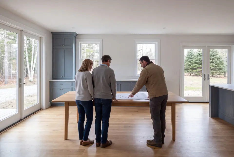Illustration: Three people, a builder and two homeowners, reviewing architectural drawings on a table in a new living room with blue-gray cabinets and oak floors