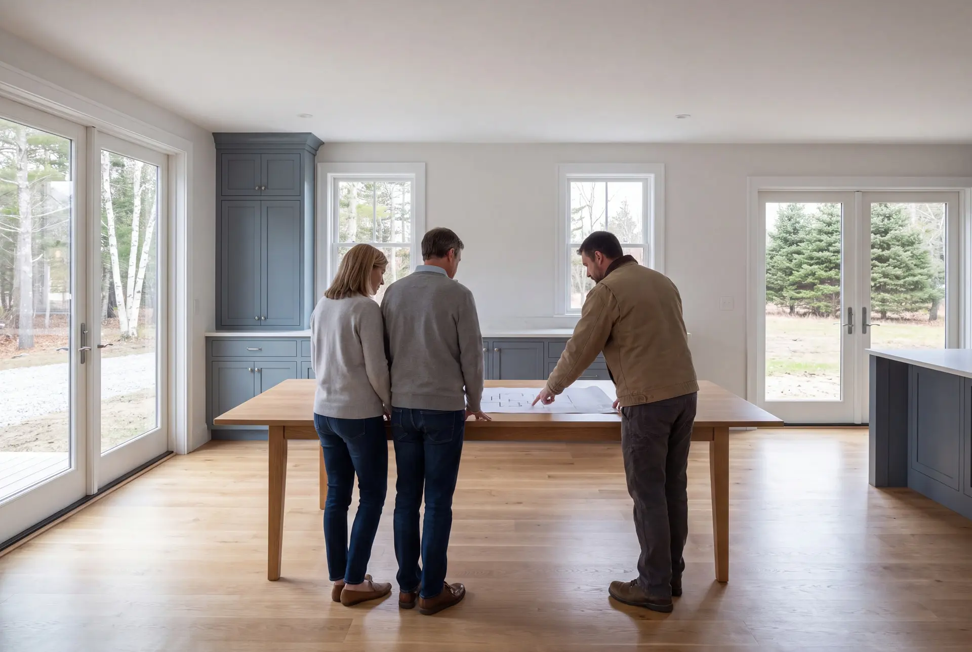 Illustration: Three people, a builder and two homeowners, reviewing architectural drawings on a table in a new living room with blue-gray cabinets and oak floors