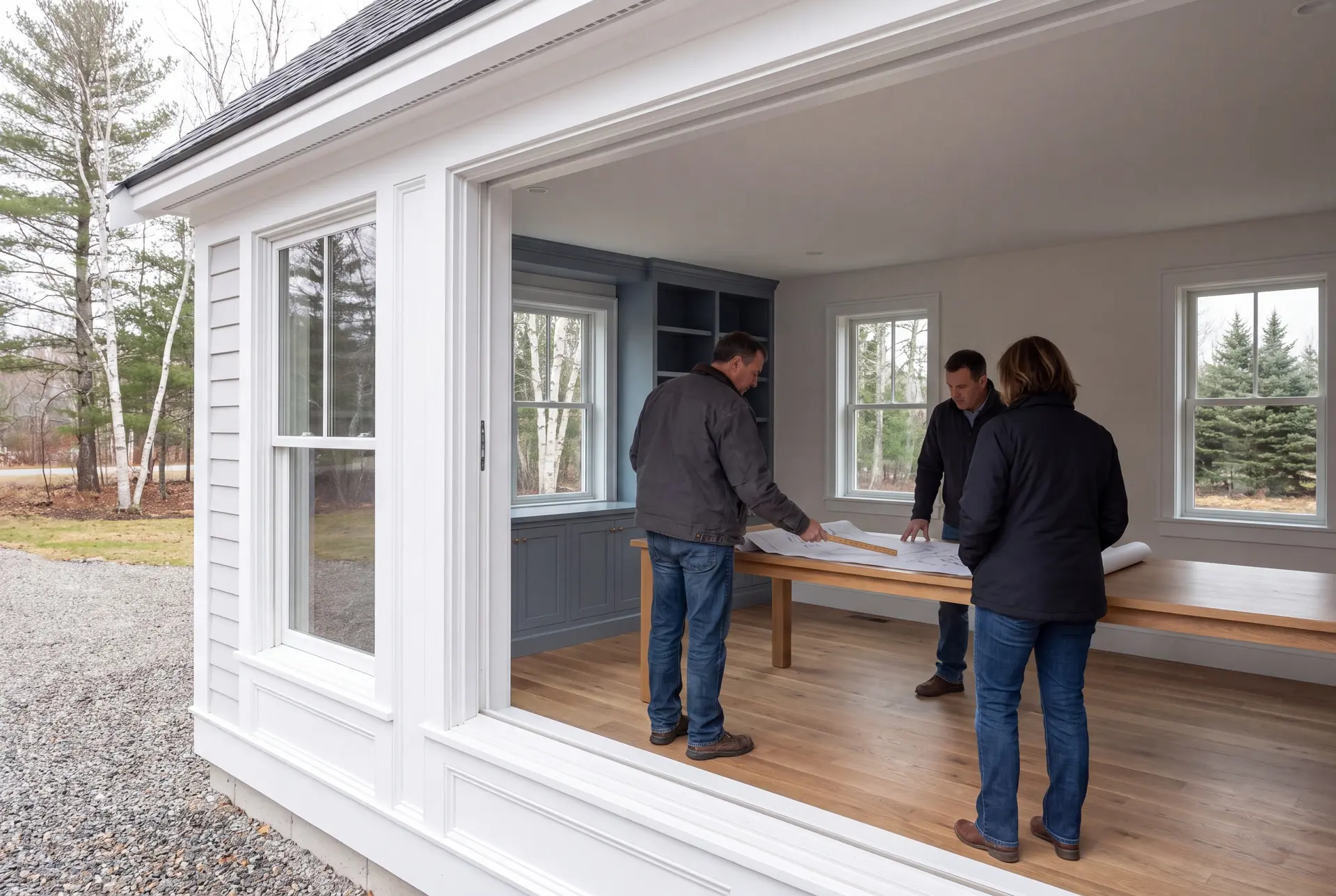 Illustration: Three people, a builder and two homeowners, reviewing architectural drawings on a table in a finished living room with oak floors and blue-gray cabinetry