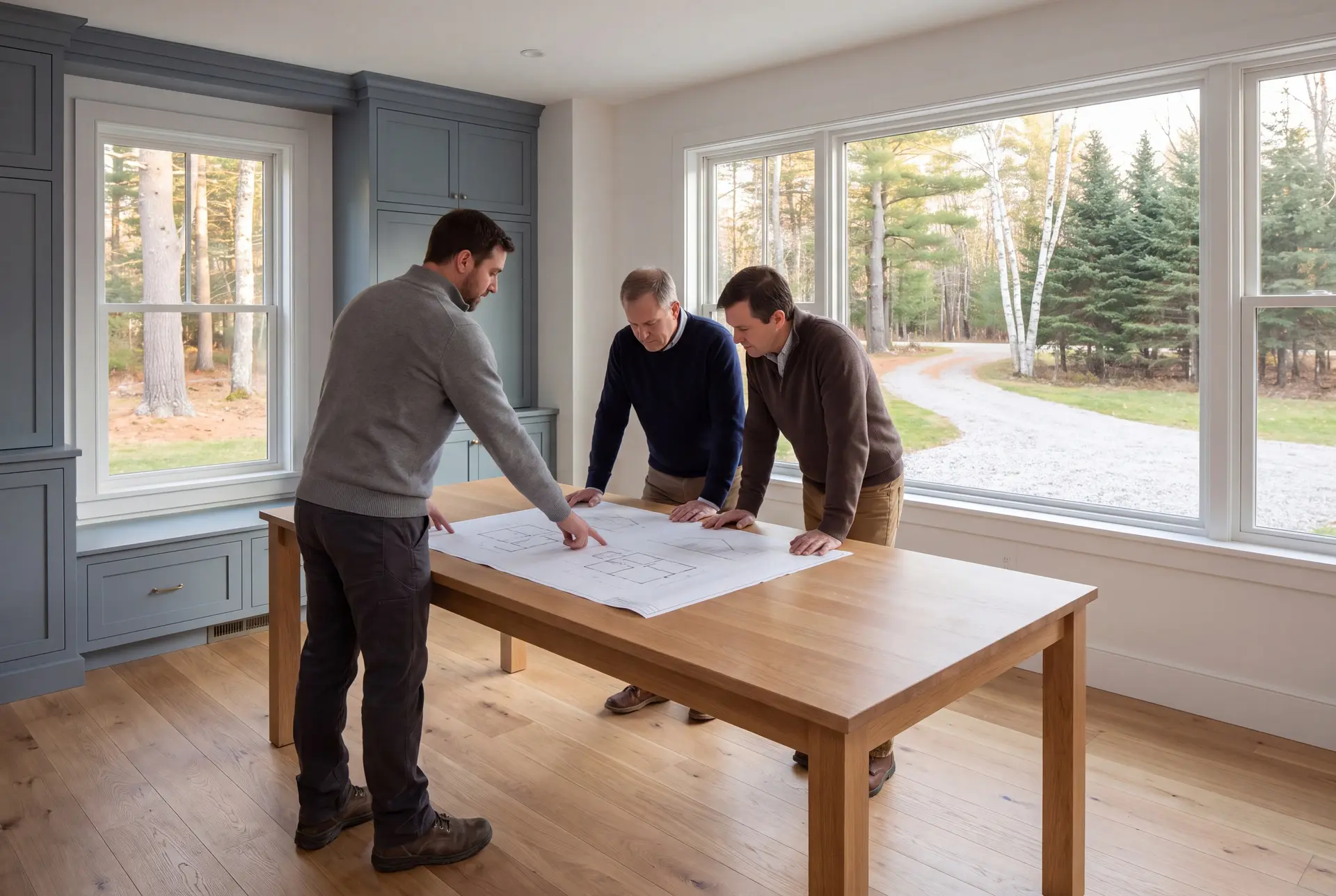 Illustration: Three men in a finished living room reviewing architectural drawings on an oak table