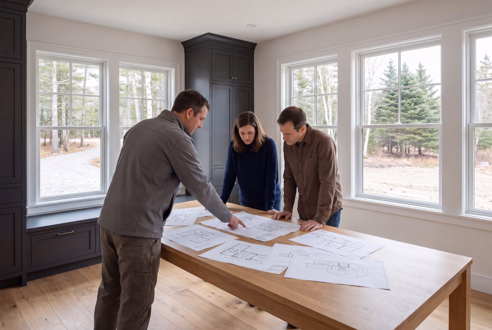 house plans and design in Cape Elizabeth, ME: illustrative scene, Three people, a builder and two homeowners, reviewing floor plans and elevation drawings on a table in a finished living room with dark cabinetry and large windows