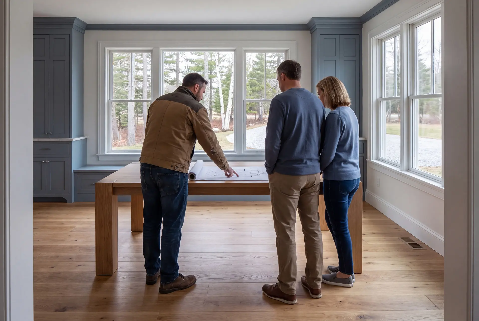 Illustration: Three people, a builder and two homeowners, reviewing architectural drawings on an oak table in a finished living room with blue-gray cabinetry and oak floors
