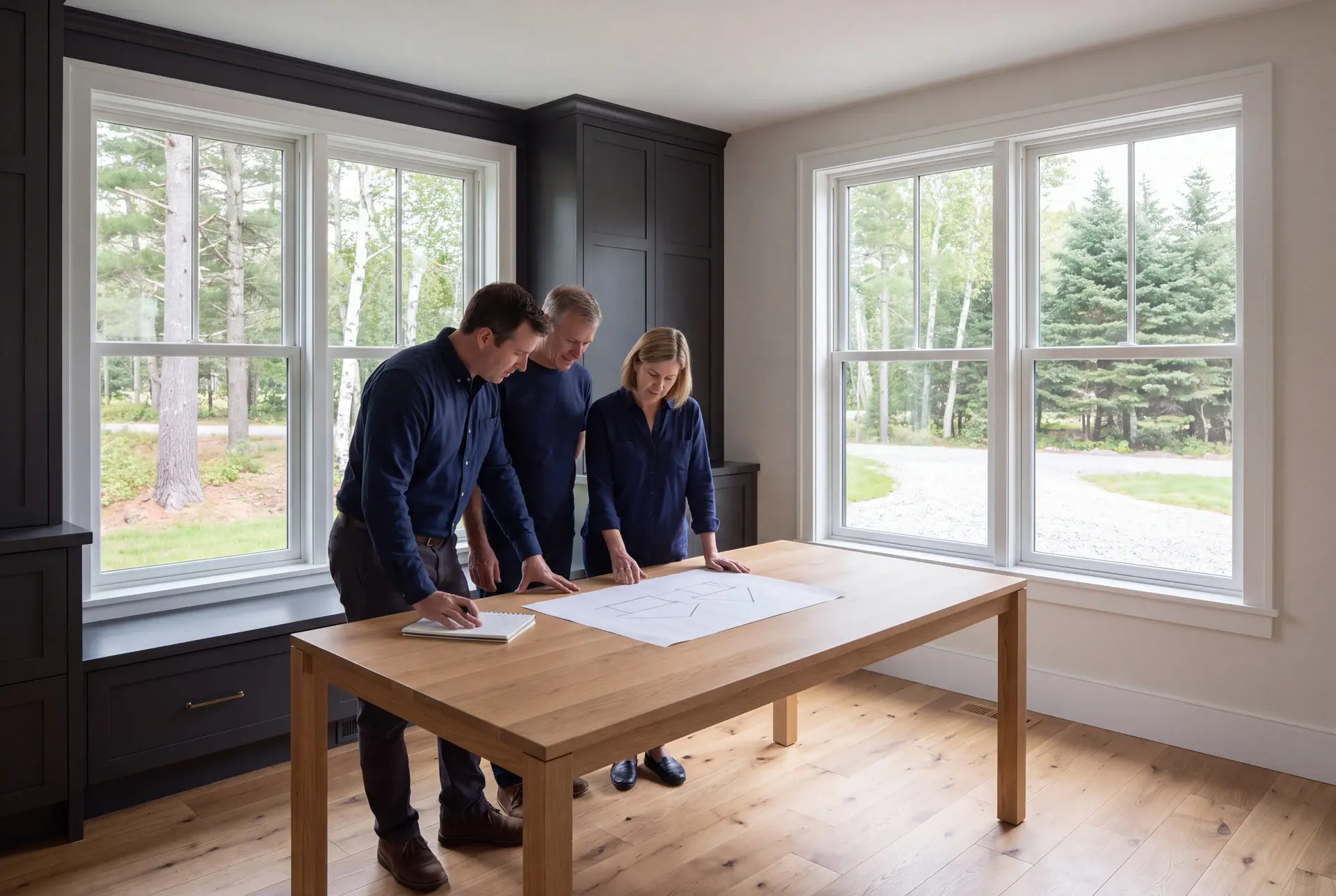 Illustration: Three people in navy shirts and dark trousers stand around a light oak table, looking at a blueprint. The room has dark built-in cabinets, oak floors, and large windows showing trees outside