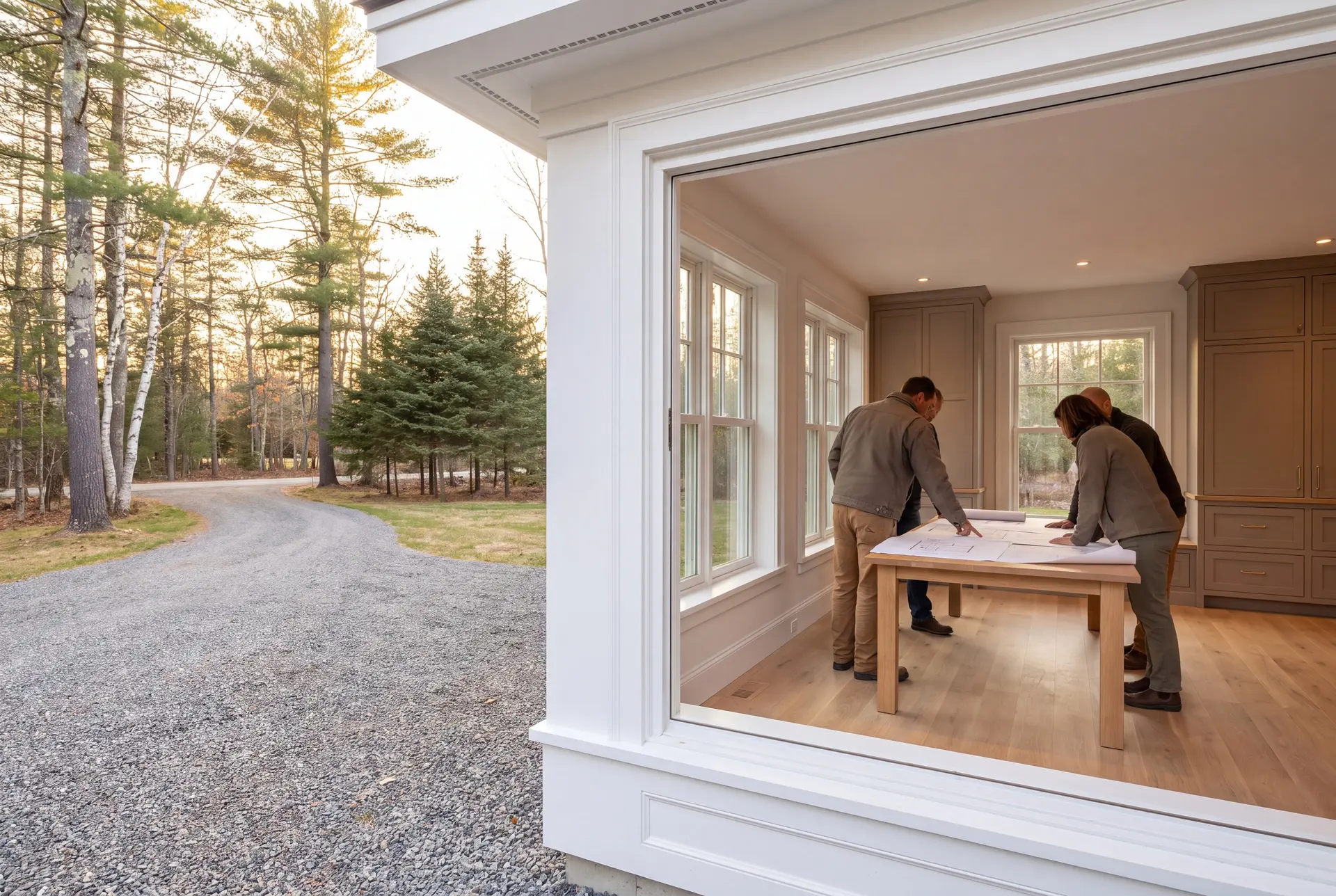 Illustration: Three people reviewing blueprints on a table in a finished living room with large windows overlooking a gravel driveway and forest