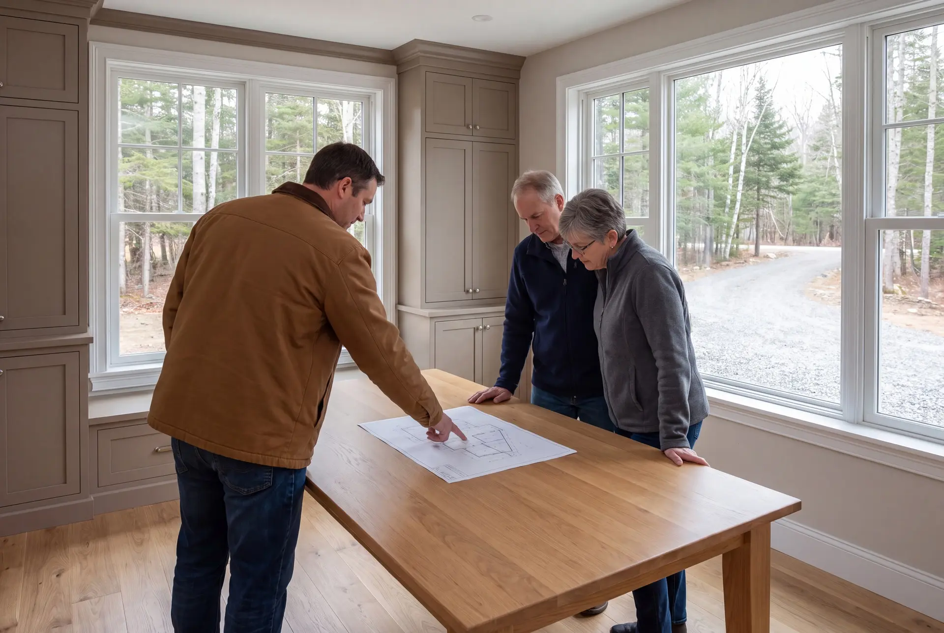 Illustration: Three people, a builder and two homeowners, reviewing a floor plan on an oak table in a finished living room with taupe cabinetry and oak floors