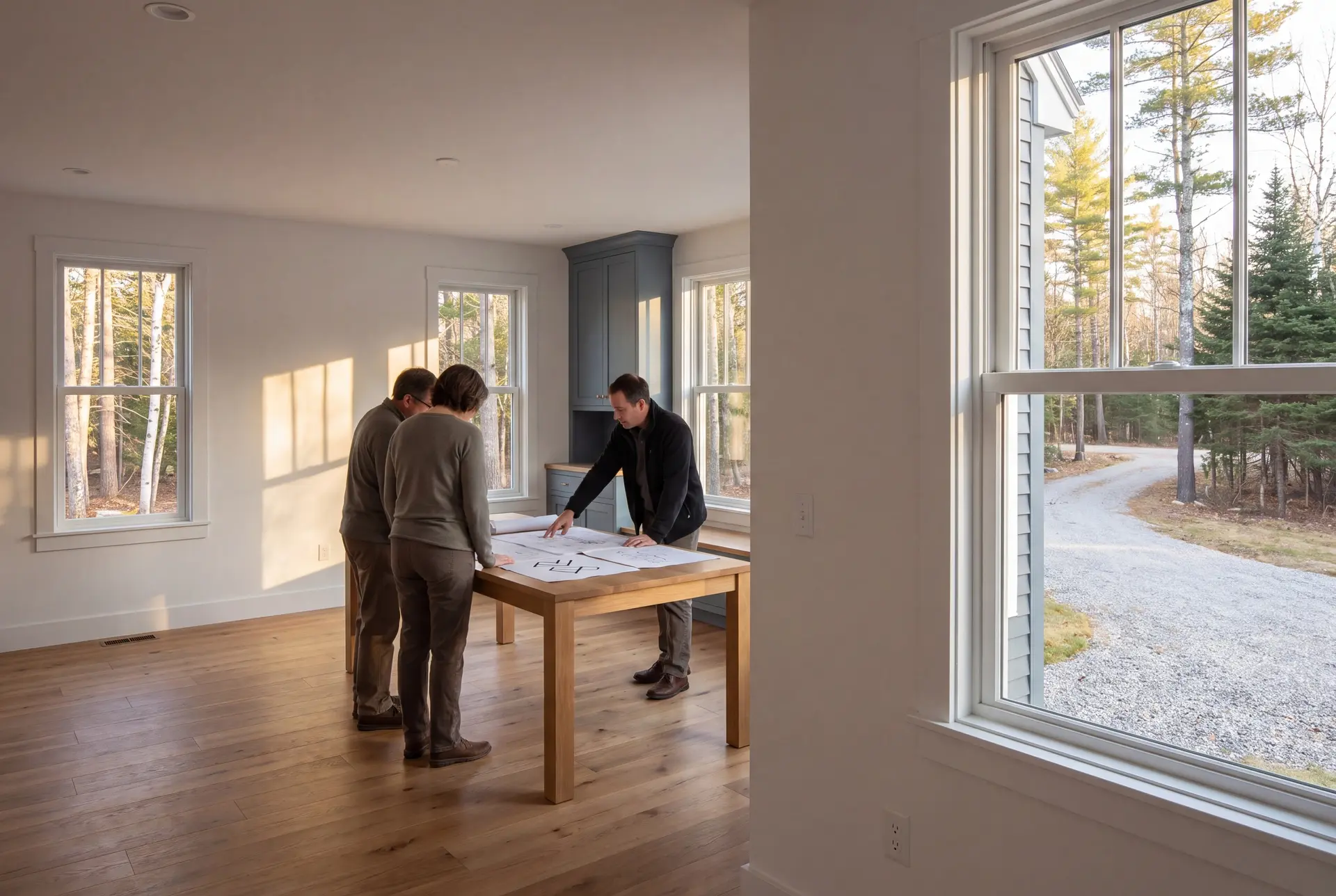 Illustration: Three people, two with their backs to the viewer and one facing, look at architectural drawings on a table in a sunlit room with oak floors and blue-gray cabinets