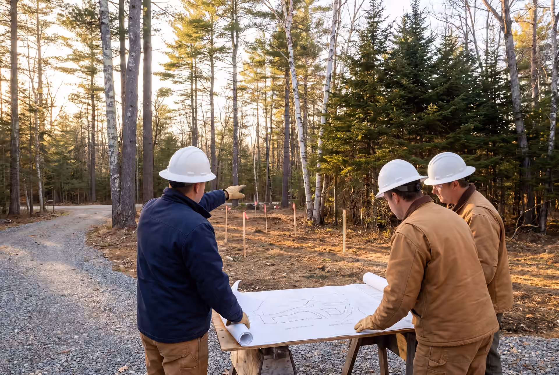 house plans and design in Cumberland, ME: illustrative scene, Three construction workers in hard hats review a blueprint on a table in a wooded clearing, with one pointing towards survey stakes