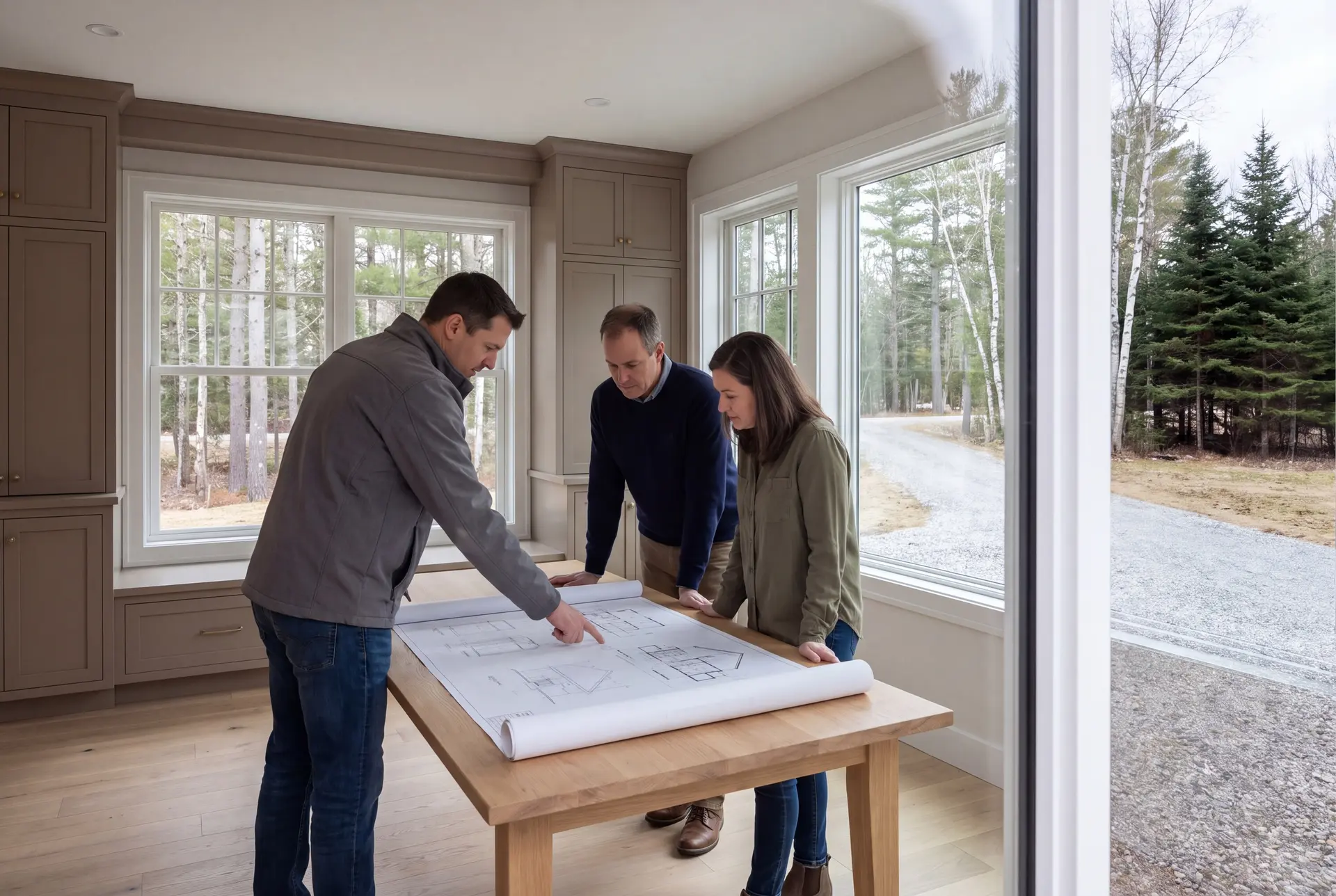 Illustration: Three adults, a builder and two homeowners, reviewing architectural drawings on a table in a finished living room with taupe cabinetry, white windows, and oak floors