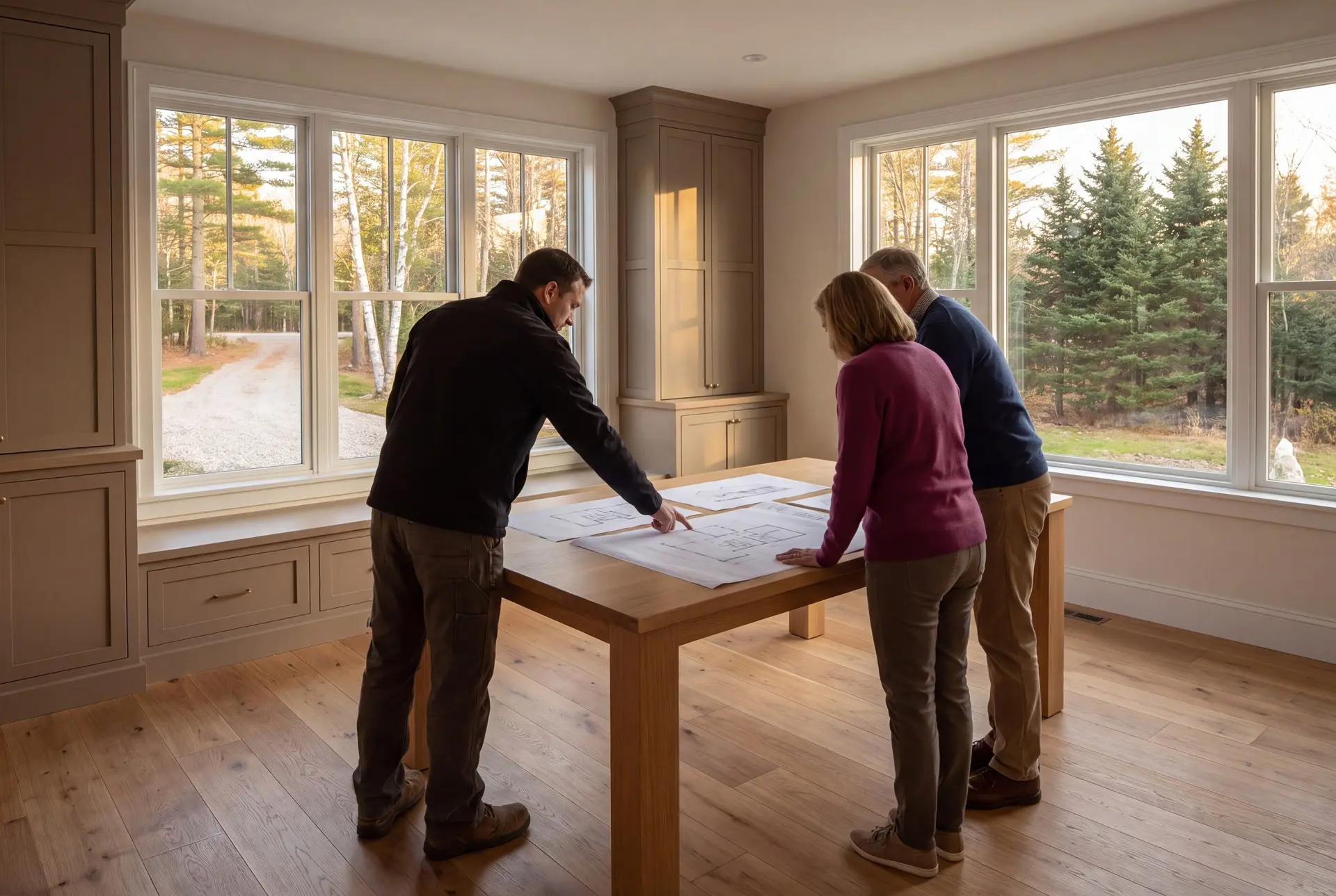 Illustration: Three people, a builder and two homeowners, review architectural drawings on an oak table in a finished living room with large windows and taupe cabinetry