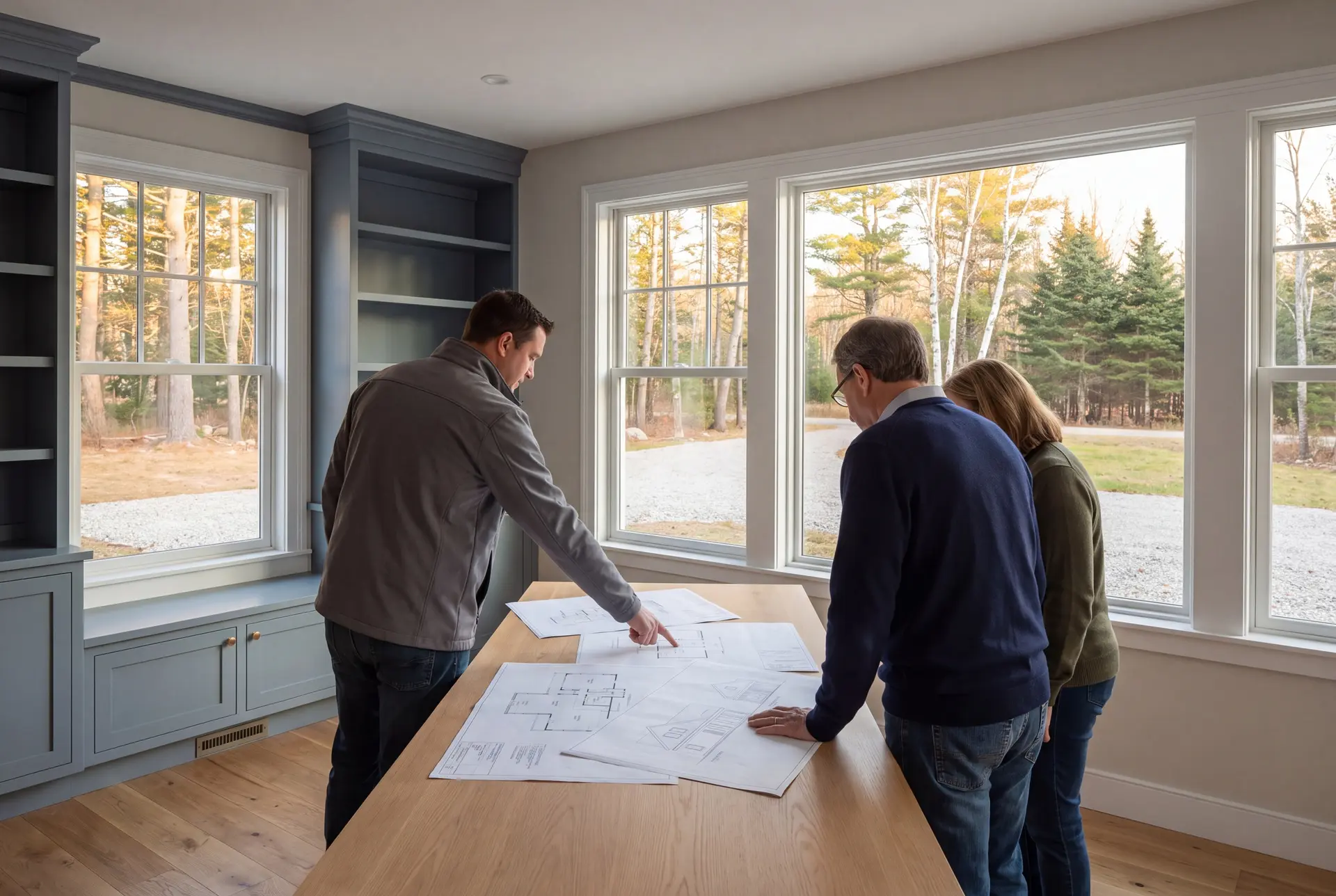 Illustration: Three adults, a builder and two homeowners, reviewing architectural drawings on an oak table in a finished living room with blue-gray cabinetry and oak floors