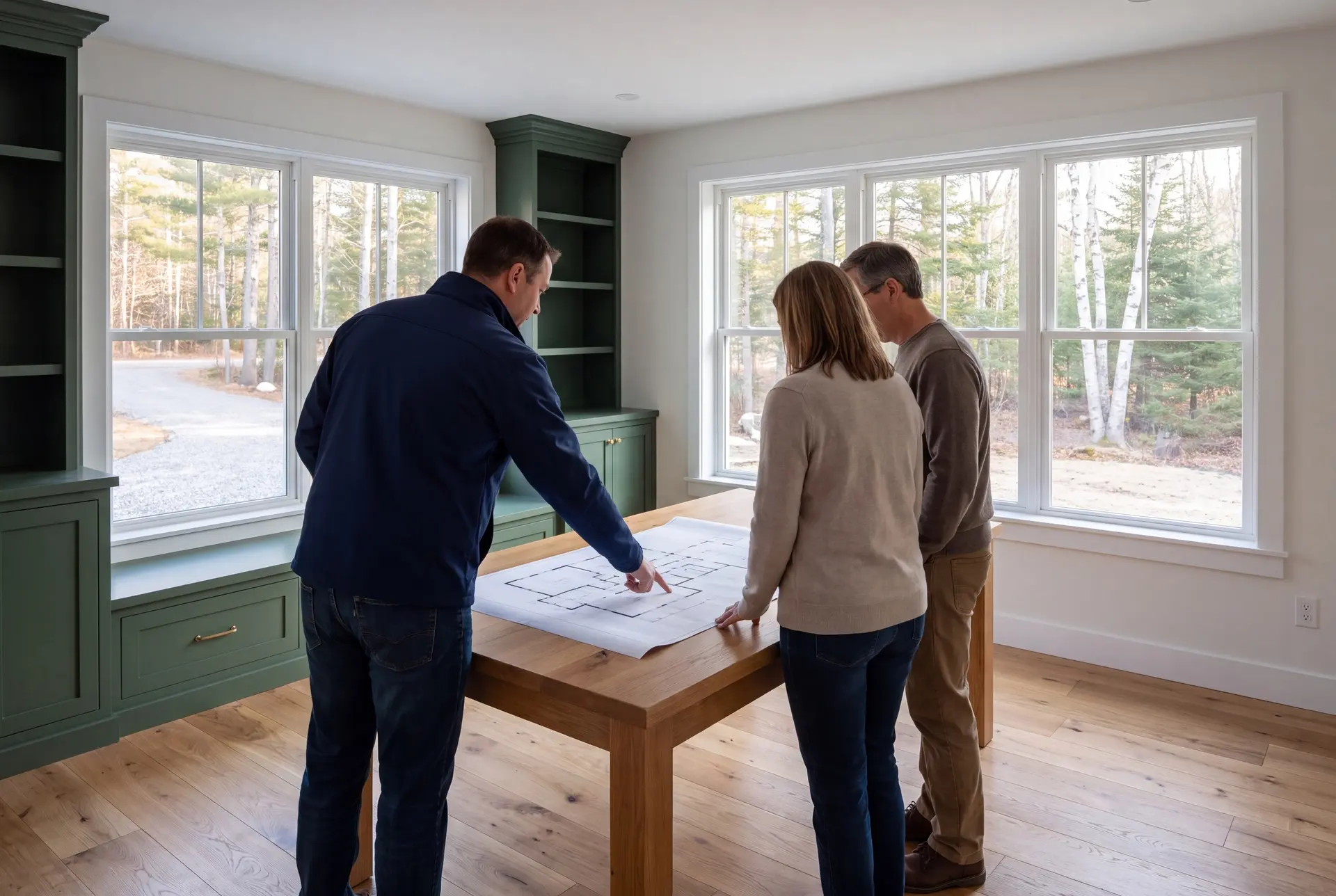 Illustration: Three people, a builder and two homeowners, reviewing floor plans on an oak table in a finished living room with green cabinetry and oak floors