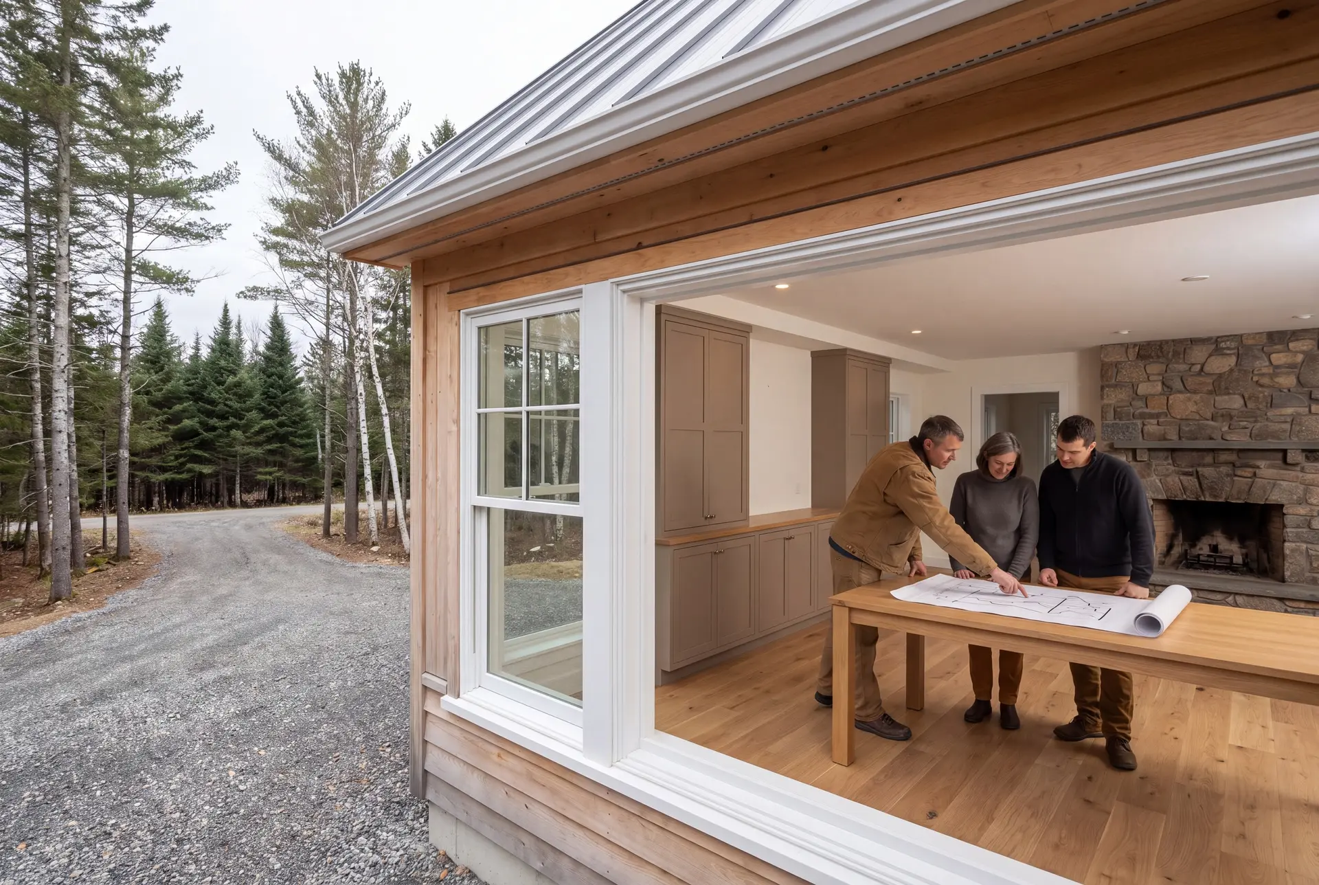 Illustration: Three people, a builder and two homeowners, review architectural drawings on a table in a finished living room with taupe cabinets and oak floors, viewed from outside through a large window overlooking a forest