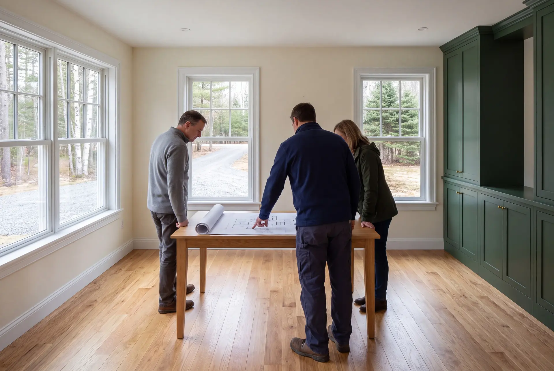 Illustration: Three people, a builder and two homeowners, review blueprints on an oak table in a finished living room with green cabinetry and oak floors