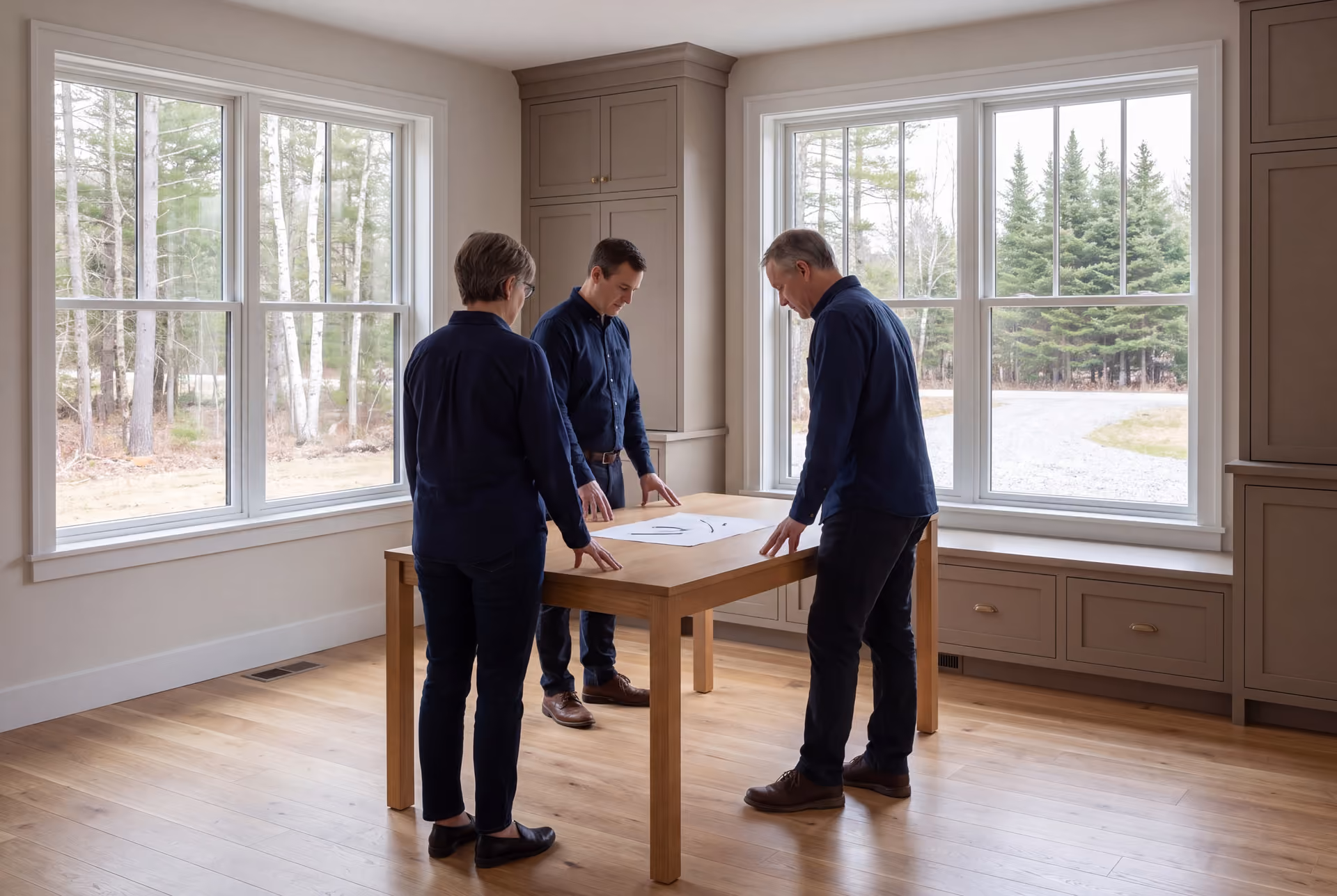 house plans and design in Dayton, ME: illustrative scene, Three people in navy shirts and dark trousers stand around an oak table in a living room with oak floors and taupe cabinets, looking at a sheet of paper