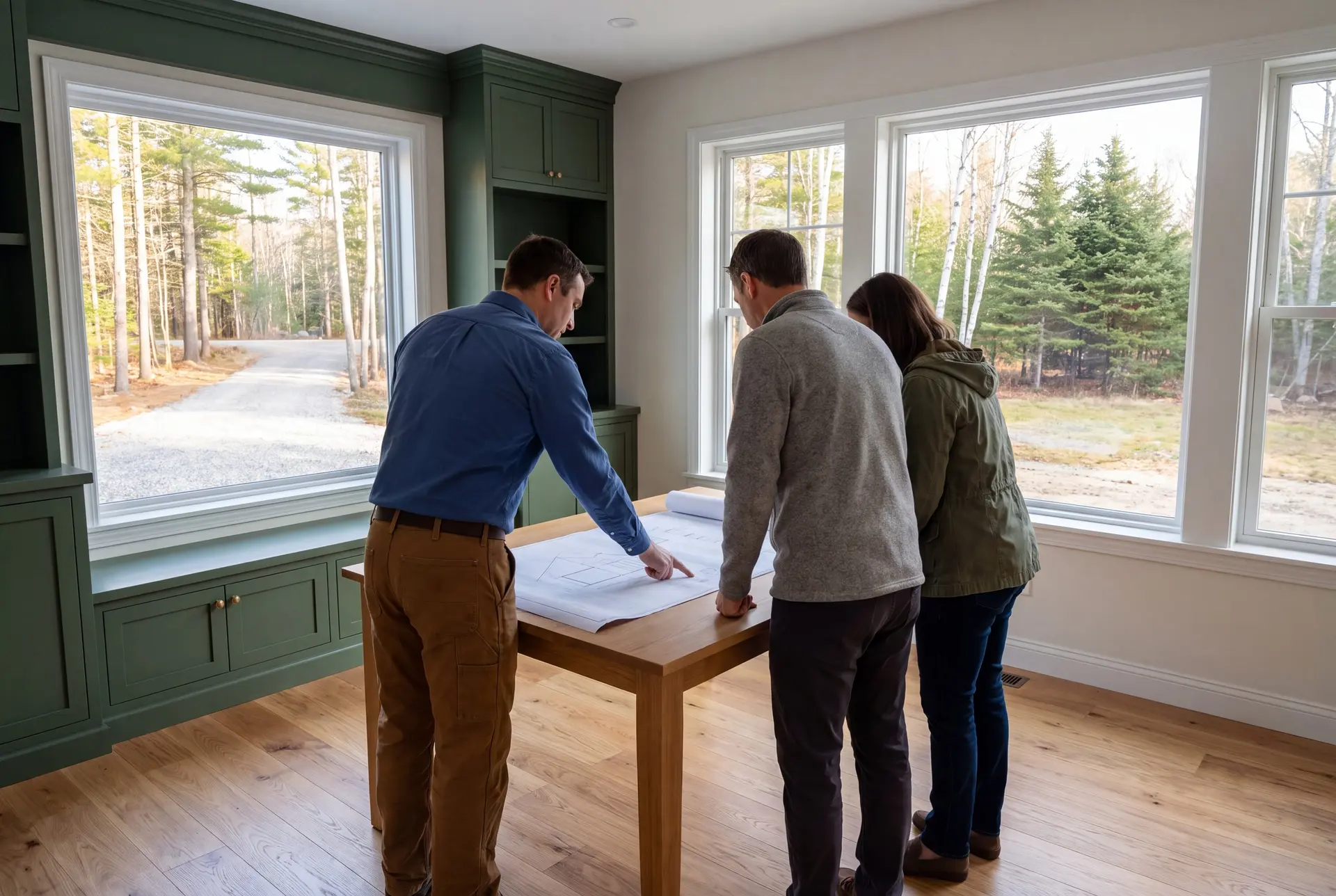 Illustration: Three people, a builder and two homeowners, review architectural drawings on an oak table in a finished living room with green cabinetry and oak floors