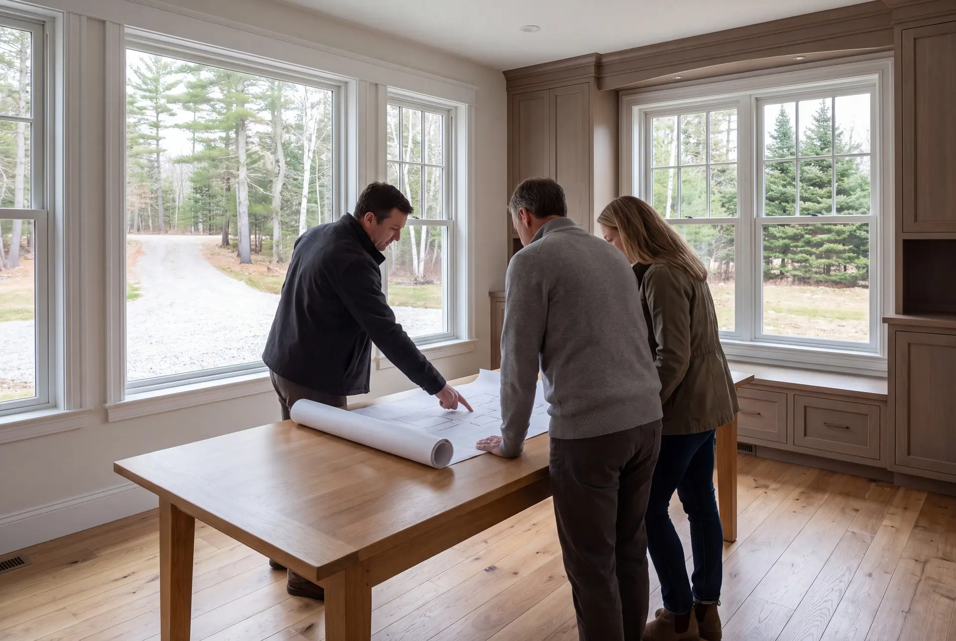 Illustration: Three people, a builder and two homeowners, reviewing blueprints on an oak table in a finished living room with large windows and wood floors