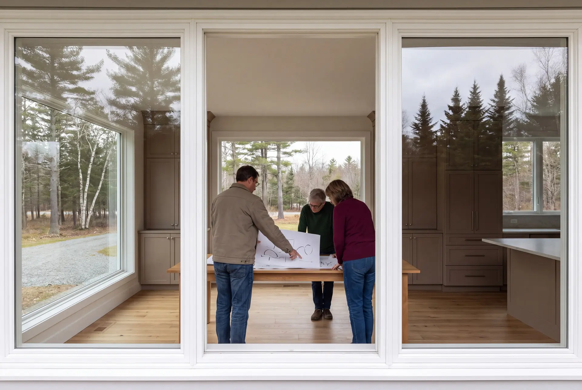 Illustration: Three people, a builder and two homeowners, review abstract floor plans on an oak table in a finished living room with taupe cabinetry and oak floors